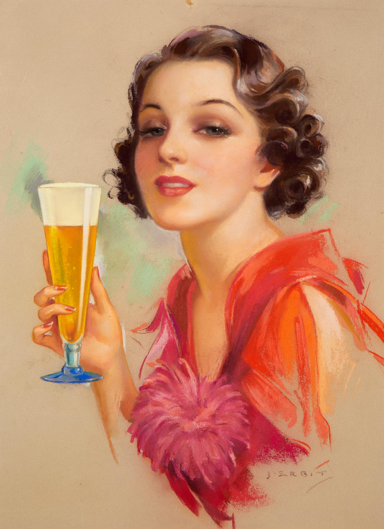 Jules Erbit Portrait Painting - Cheers! Art Deco Pin-Up Beer Girl