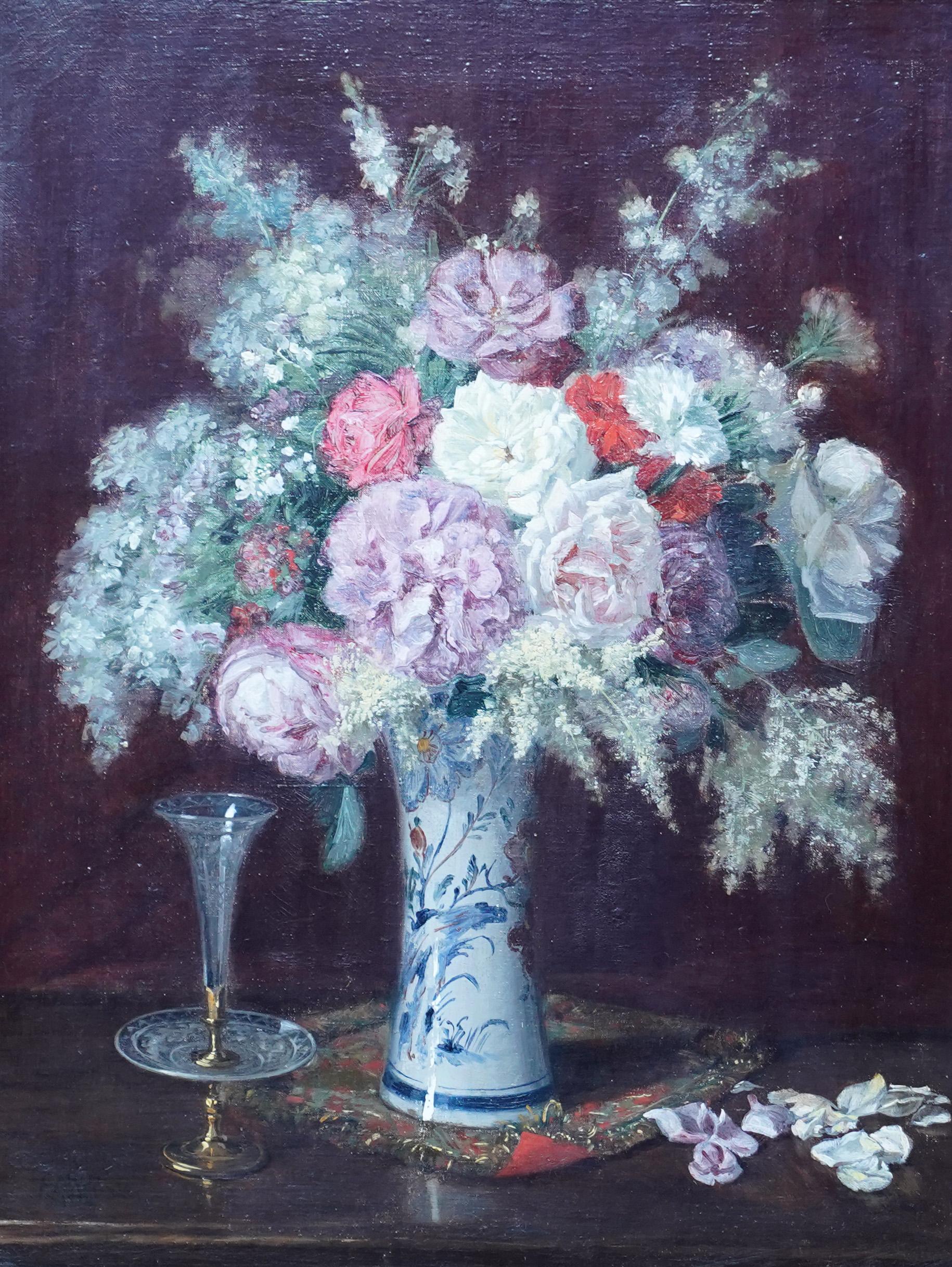 Floral Arrangement in Porcelain Vase - French 19thC art  flower oil painting  For Sale 8