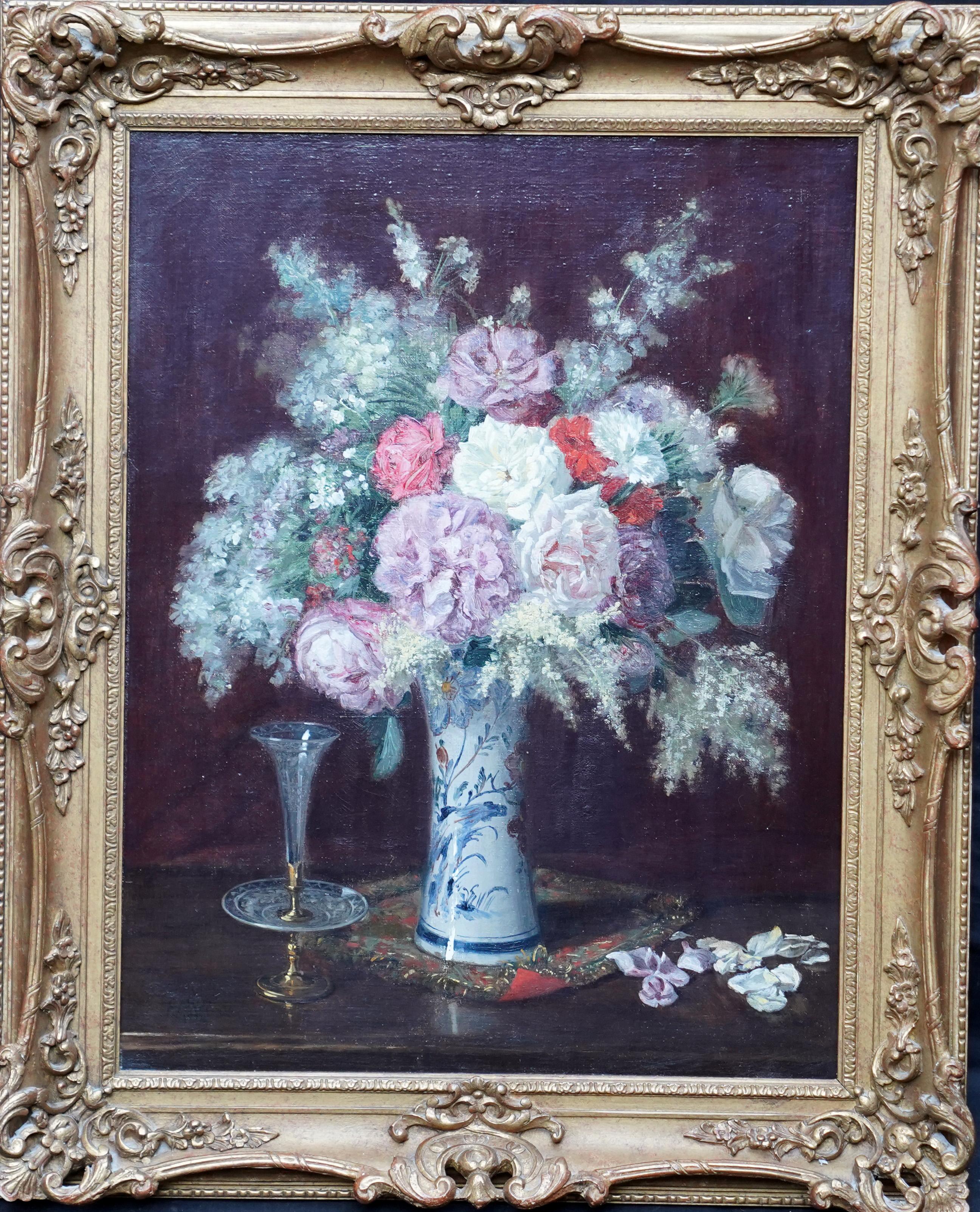 Floral Arrangement in Porcelain Vase - French 19thC art  flower oil painting  For Sale 9