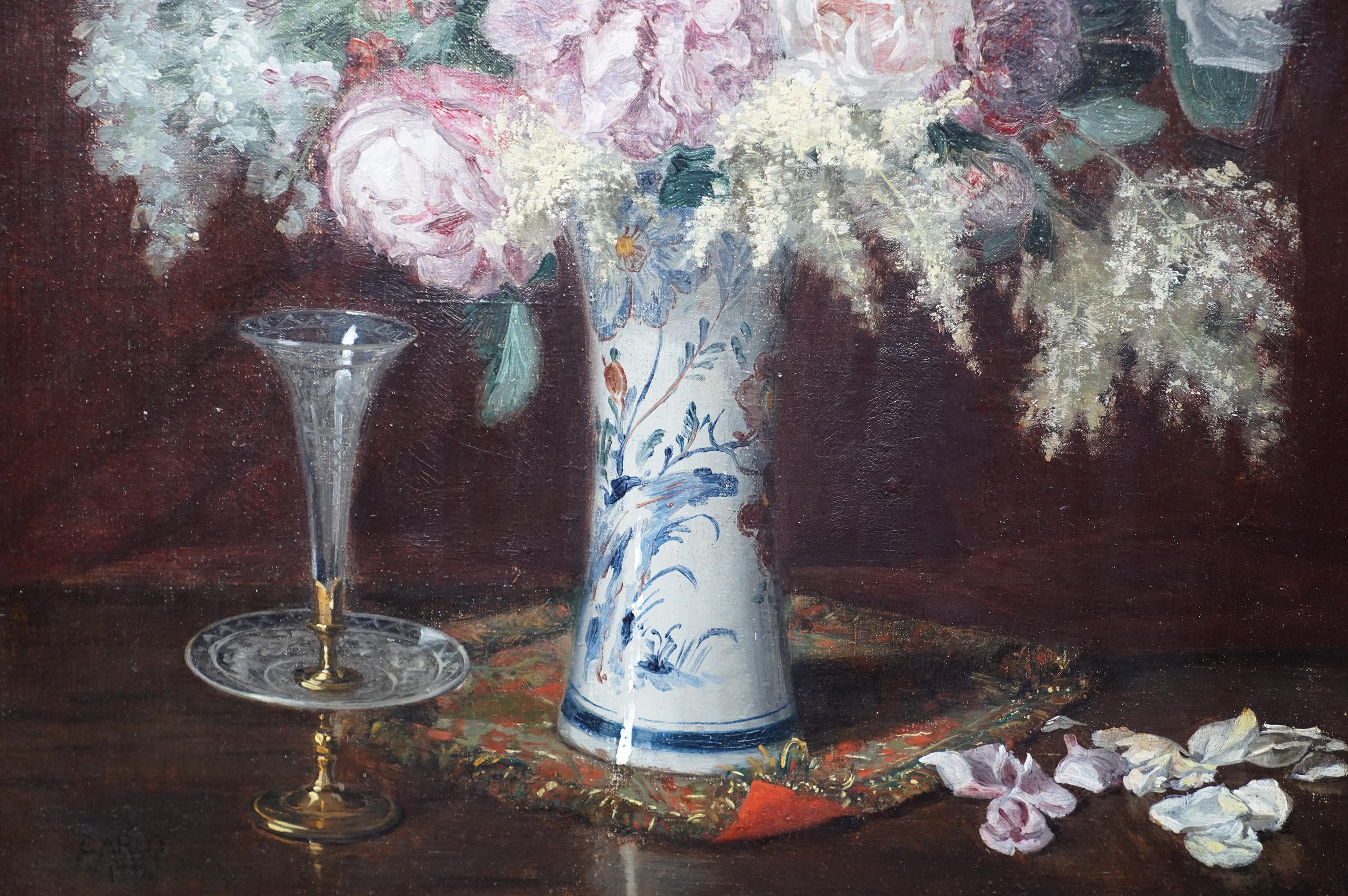 Floral Arrangement in Porcelain Vase - French 19thC art  flower oil painting  For Sale 1