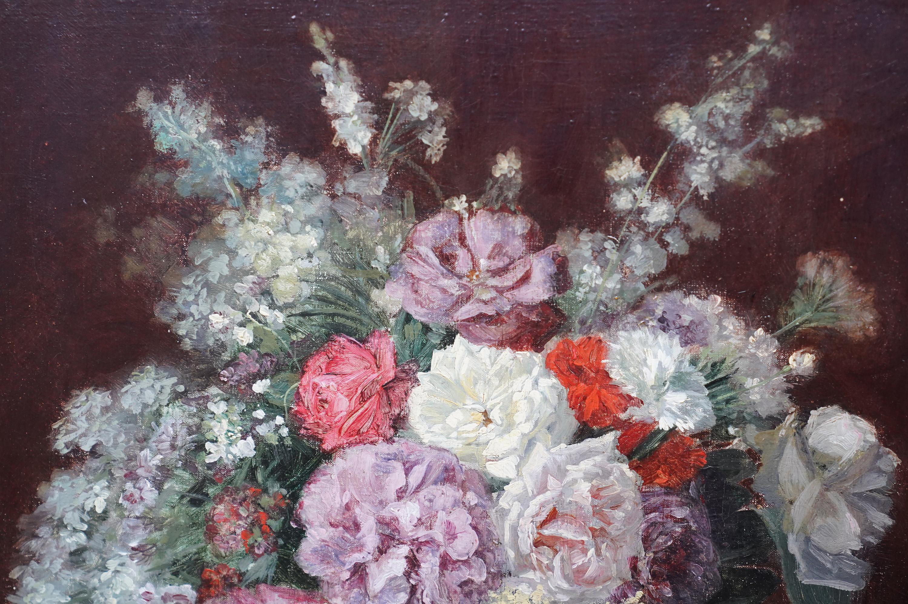 Floral Arrangement in Porcelain Vase - French 19thC art  flower oil painting  For Sale 2