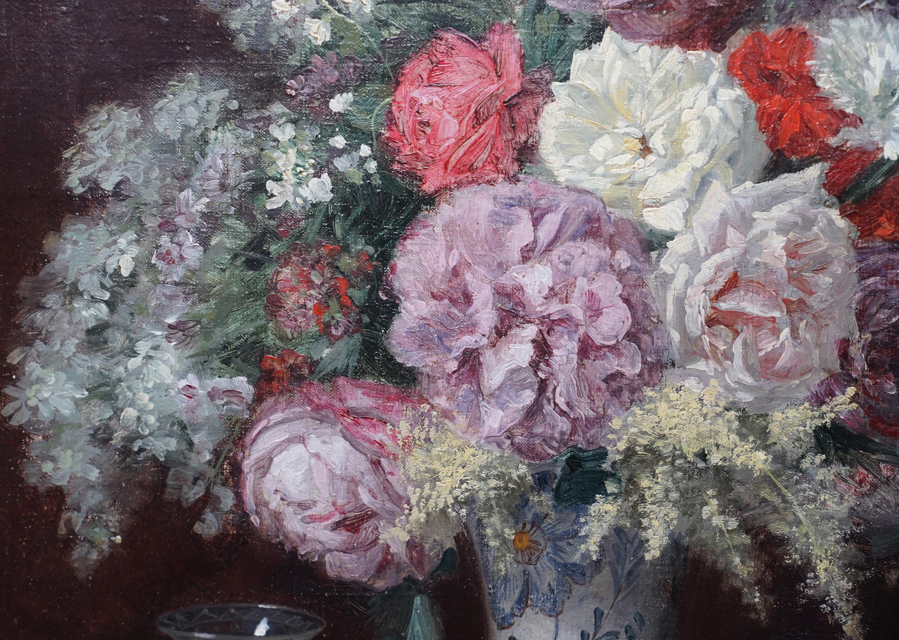 Floral Arrangement in Porcelain Vase - French 19thC art  flower oil painting  For Sale 3
