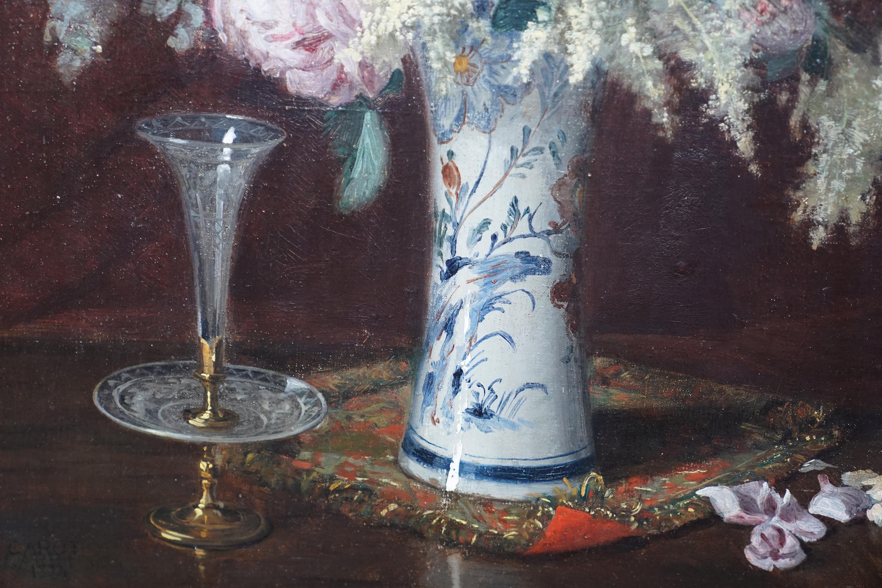 Floral Arrangement in Porcelain Vase - French 19thC art  flower oil painting  For Sale 4
