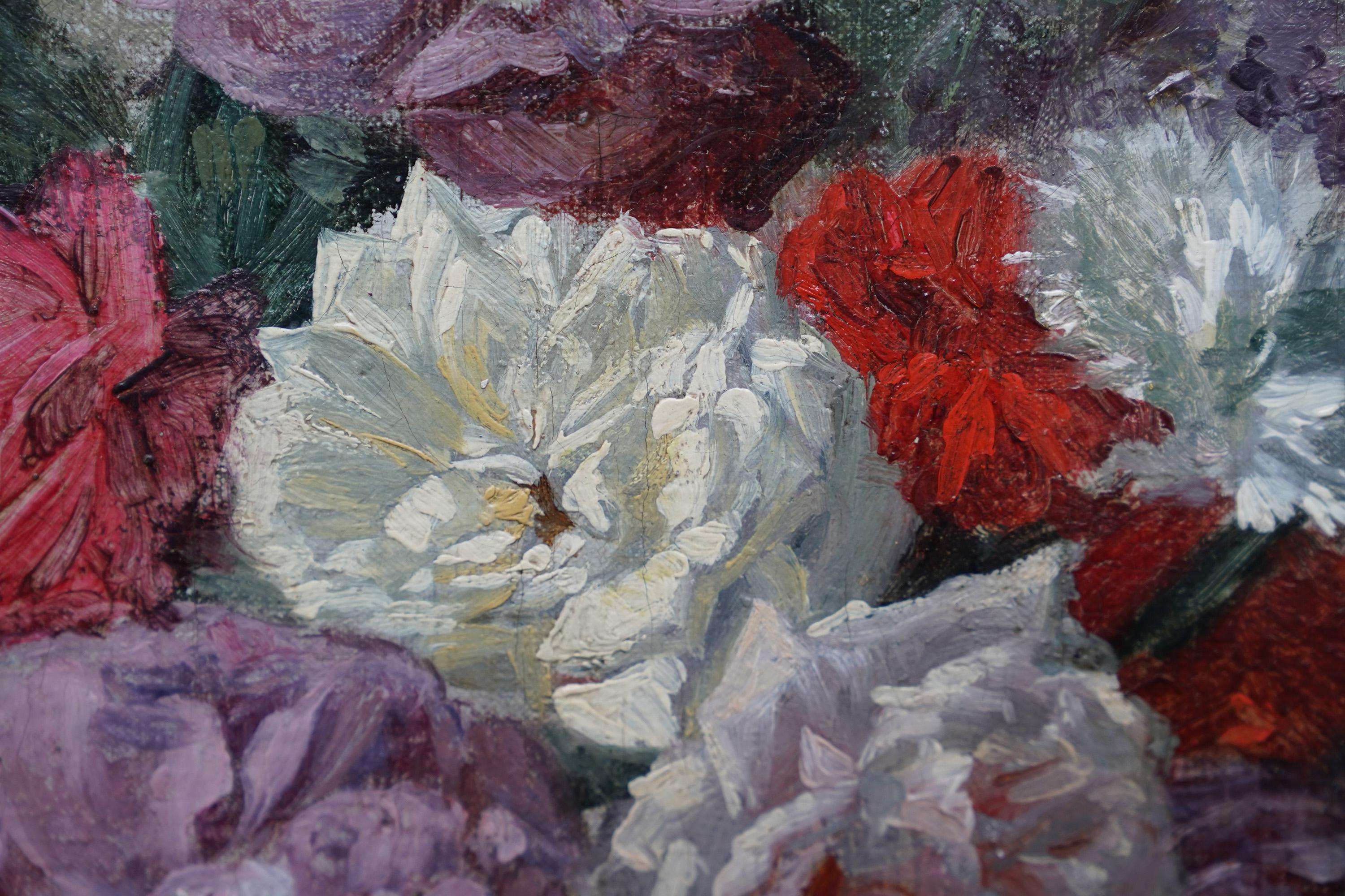 Floral Arrangement in Porcelain Vase - French 19thC art  flower oil painting  For Sale 5