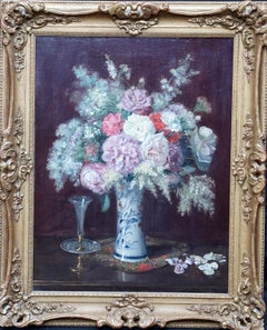 Antique Floral Arrangement in Porcelain Vase - French 19thC art  flower oil painting 