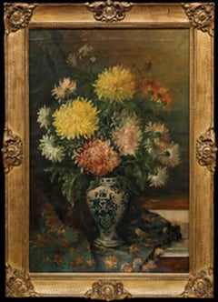 Jules Félix Ragot (1835-1912)- Framed Oil, Chrysanthemums in a Blue & White Vase