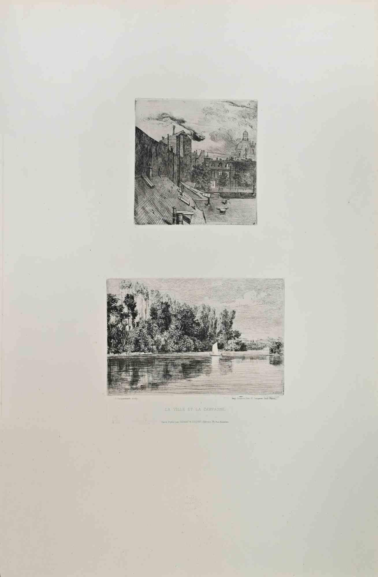 La Ville et la Campagne - Etching by Jules Ferdinand Jacquemart - 1865 ca.