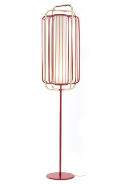 Contemporary Art Deco inspired Jules Floor Lamp in Jade Blue, Linen and Brass