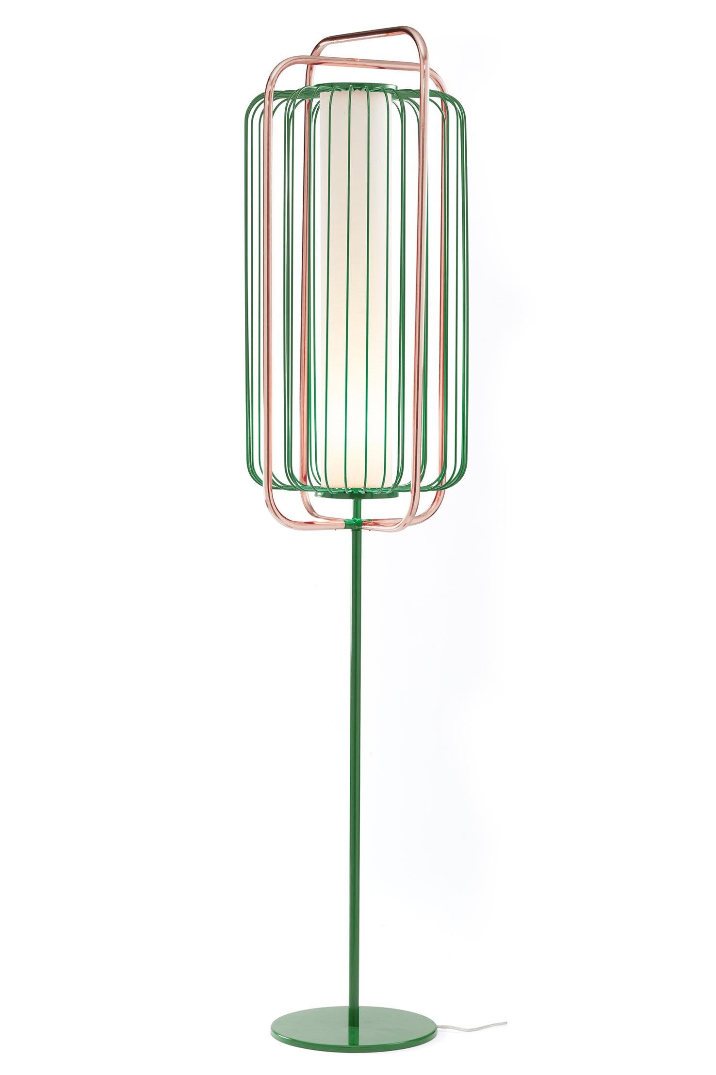 Polished Contemporary Art Deco inspired Jules Floor Lamp in Jade Blue, Linen and Brass For Sale