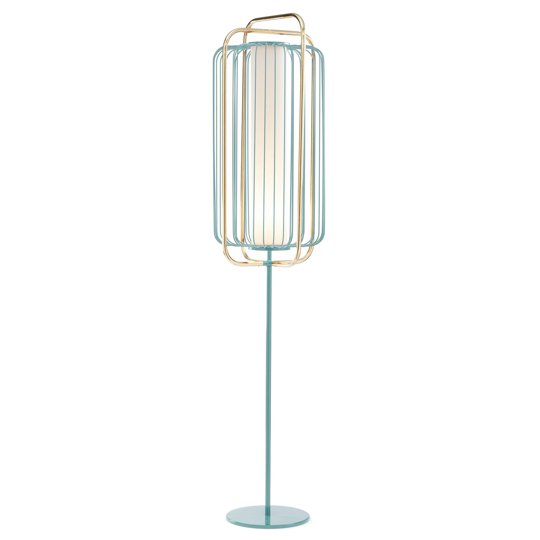 Contemporary Art Deco inspired Jules Floor Lamp in Jade Blue, Linen and Brass For Sale