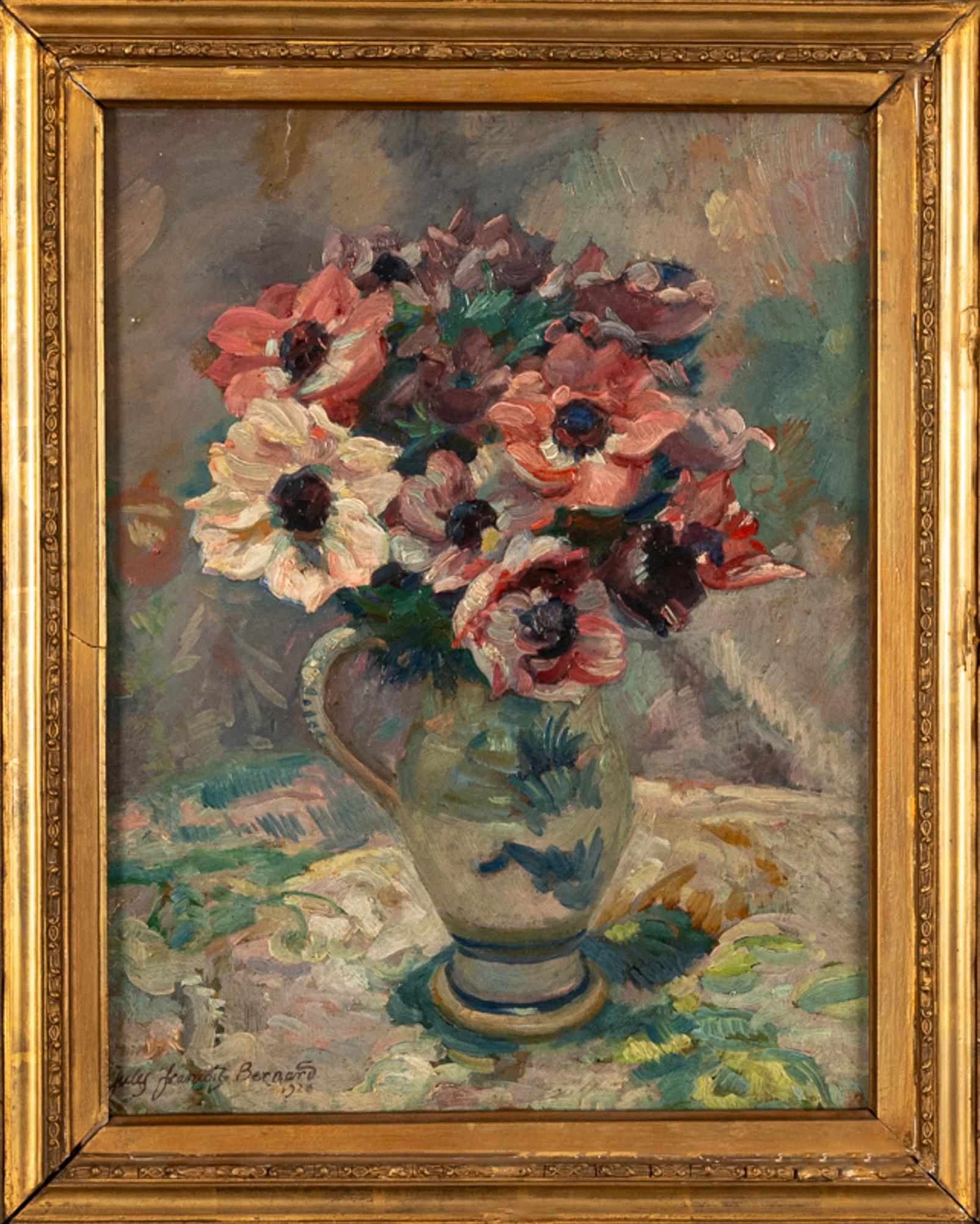 Ancienne peinture à l'huile sur toile de Jules-François Bernard Nature morte florale 1920 en vente 1