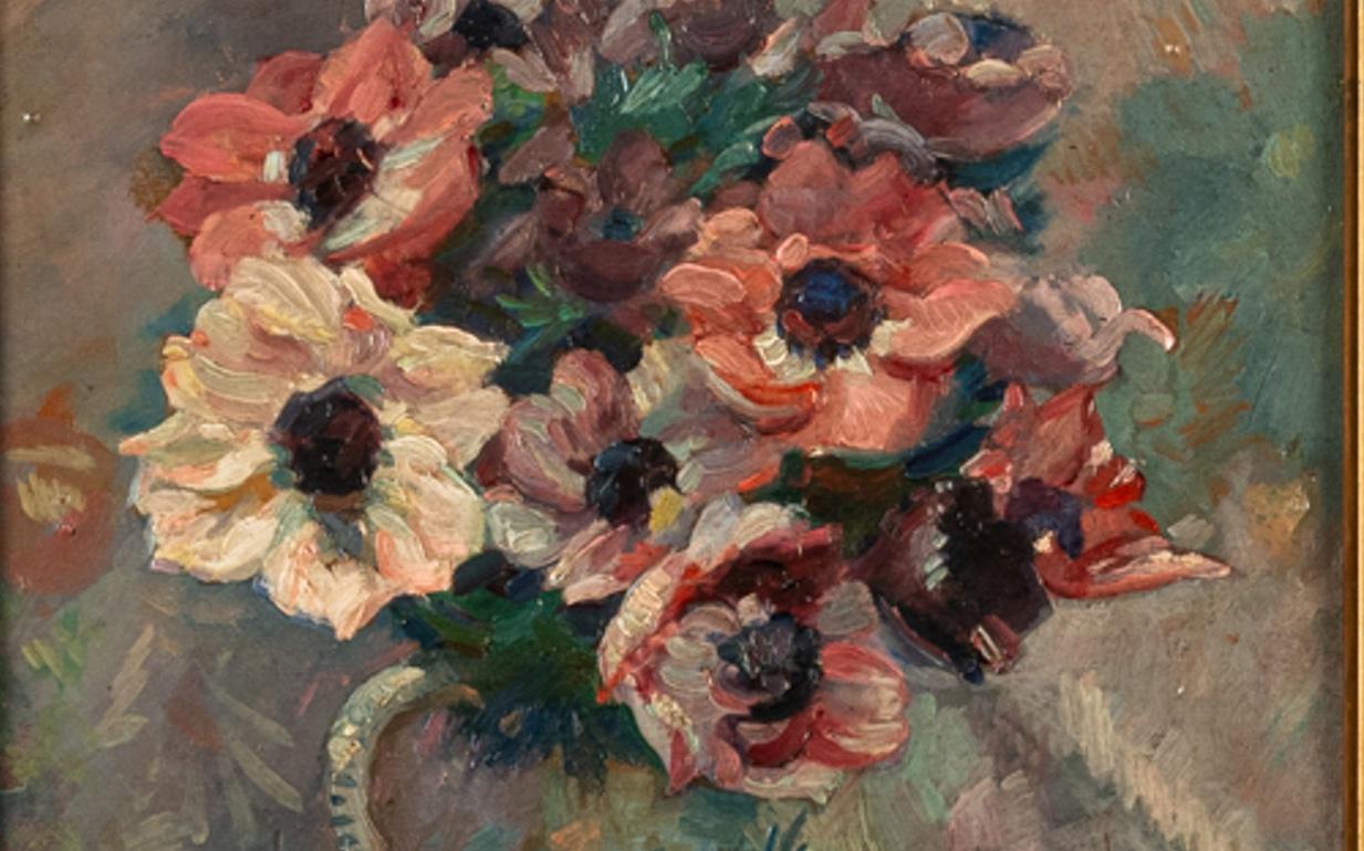 Ancienne peinture à l'huile sur toile de Jules-François Bernard Nature morte florale 1920 en vente 3