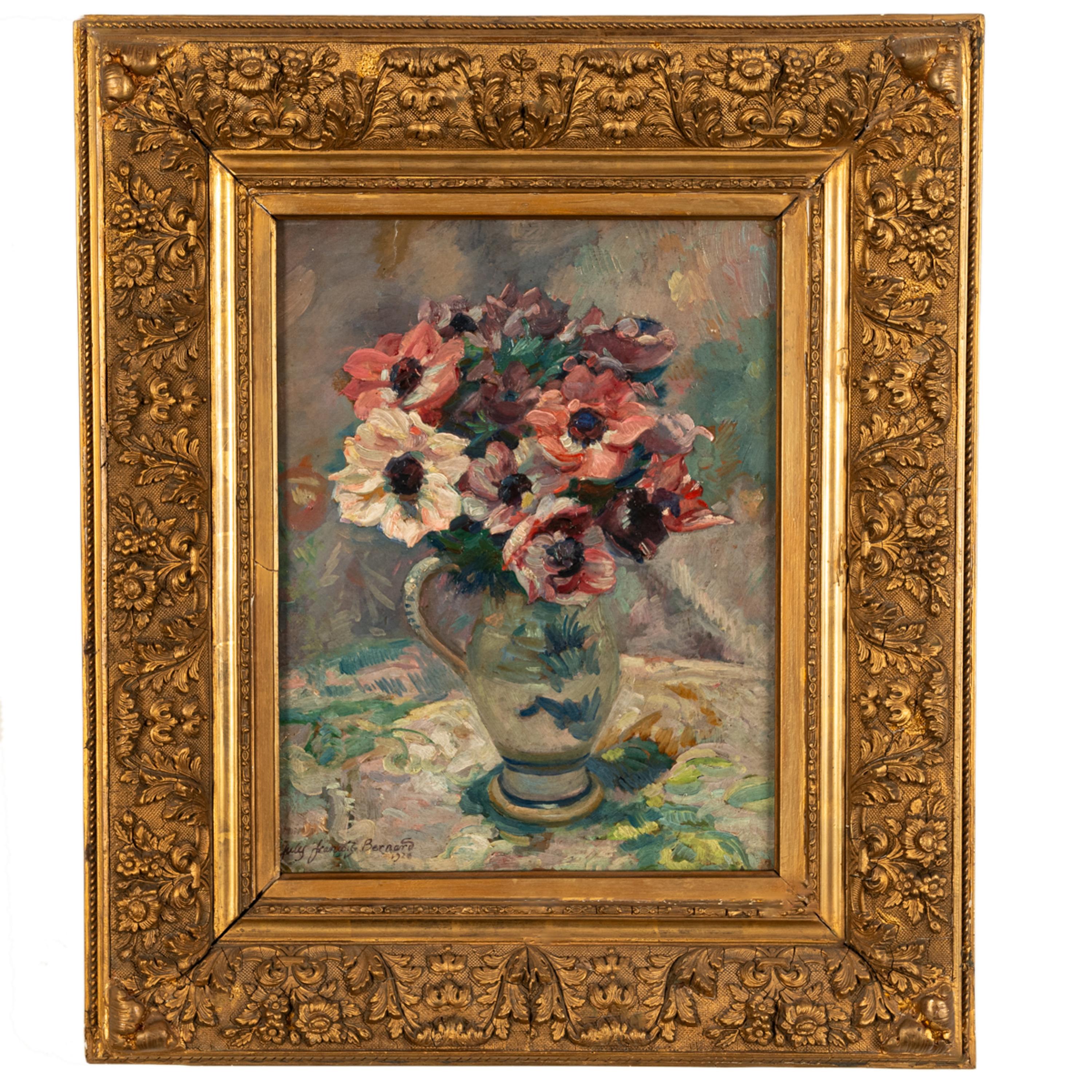 Ein gutes antikes französisches Blumenstillleben des französischen Künstlers Jules Francois Bernard (1884-1942), Öl auf Leinwand, datiert 1920.
Dieses sehr attraktive impressionistische Stillleben zeigt einen bunten Strauß Pfingstrosen in einem