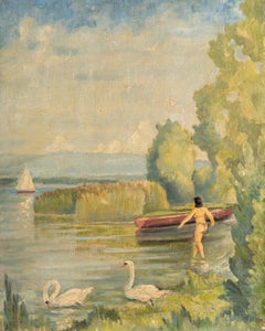 Impressionist Lakeside Scene with Nude Figure, Swans and Sailboat