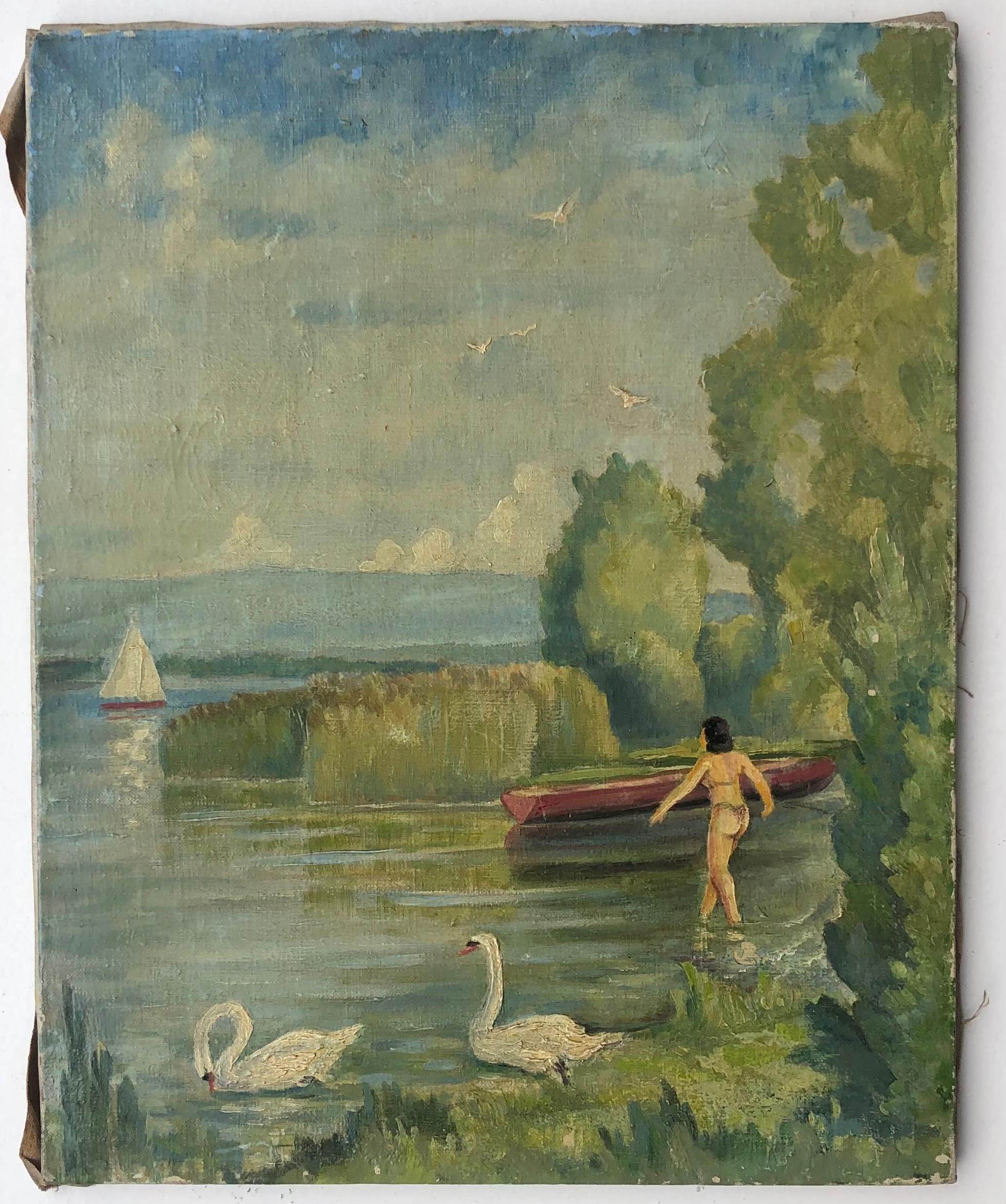 The bather with swans, Pointe at the Bise Geneva - Painting by Jules Gaillepand