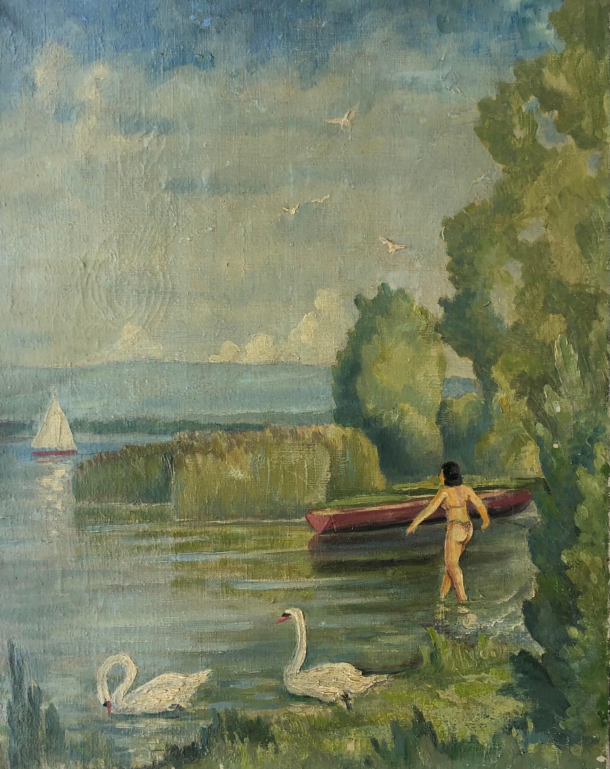 Jules Gaillepand Figurative Painting - The bather with swans, Pointe at the Bise Geneva