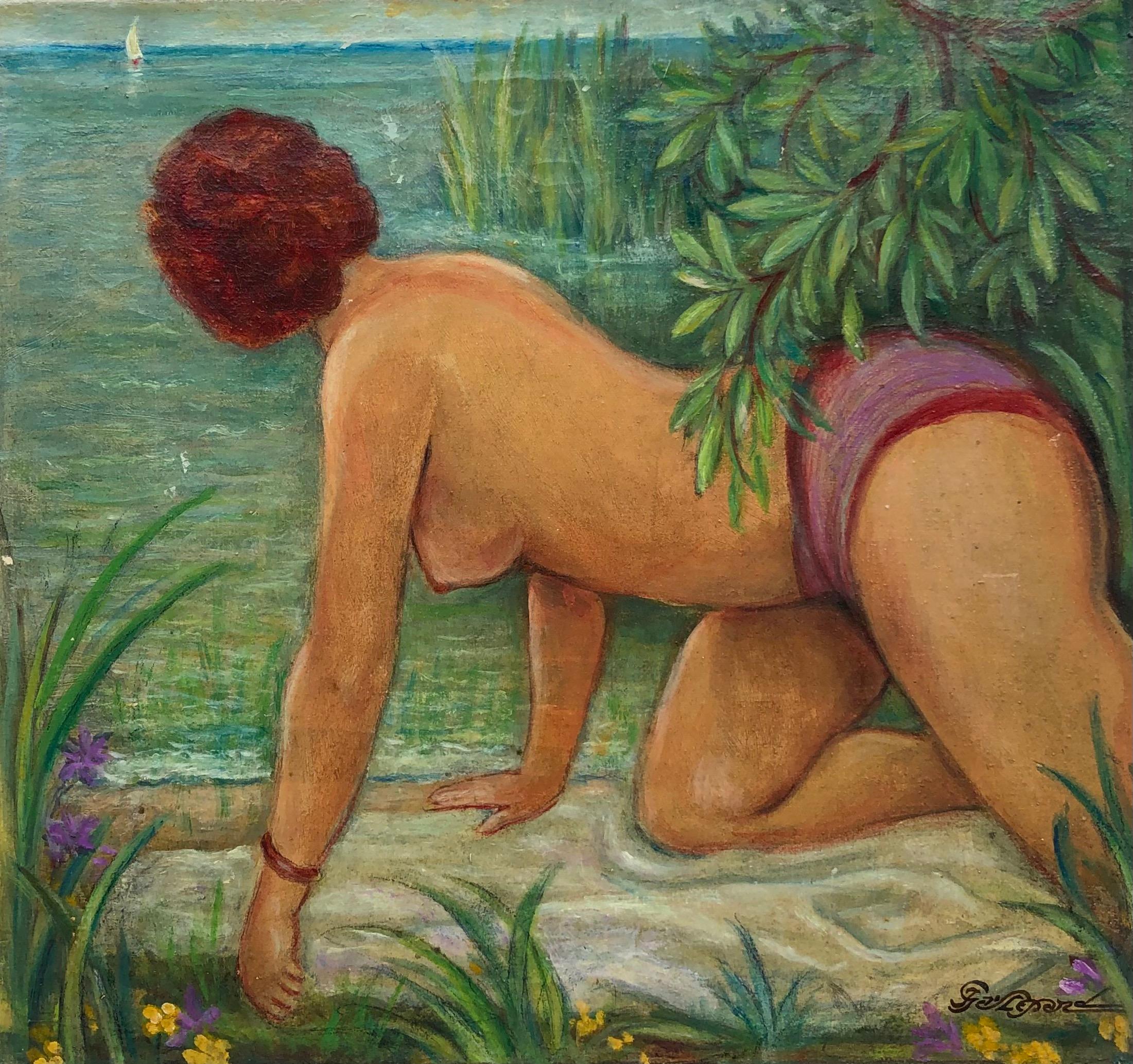Jules Gaillepand Figurative Painting - The worried bather
