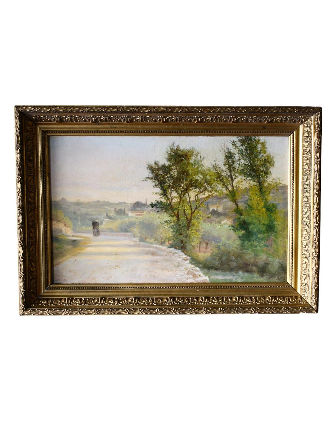 Antique Landscape Oil Painting on Canvas, French Provence Countryside Painting