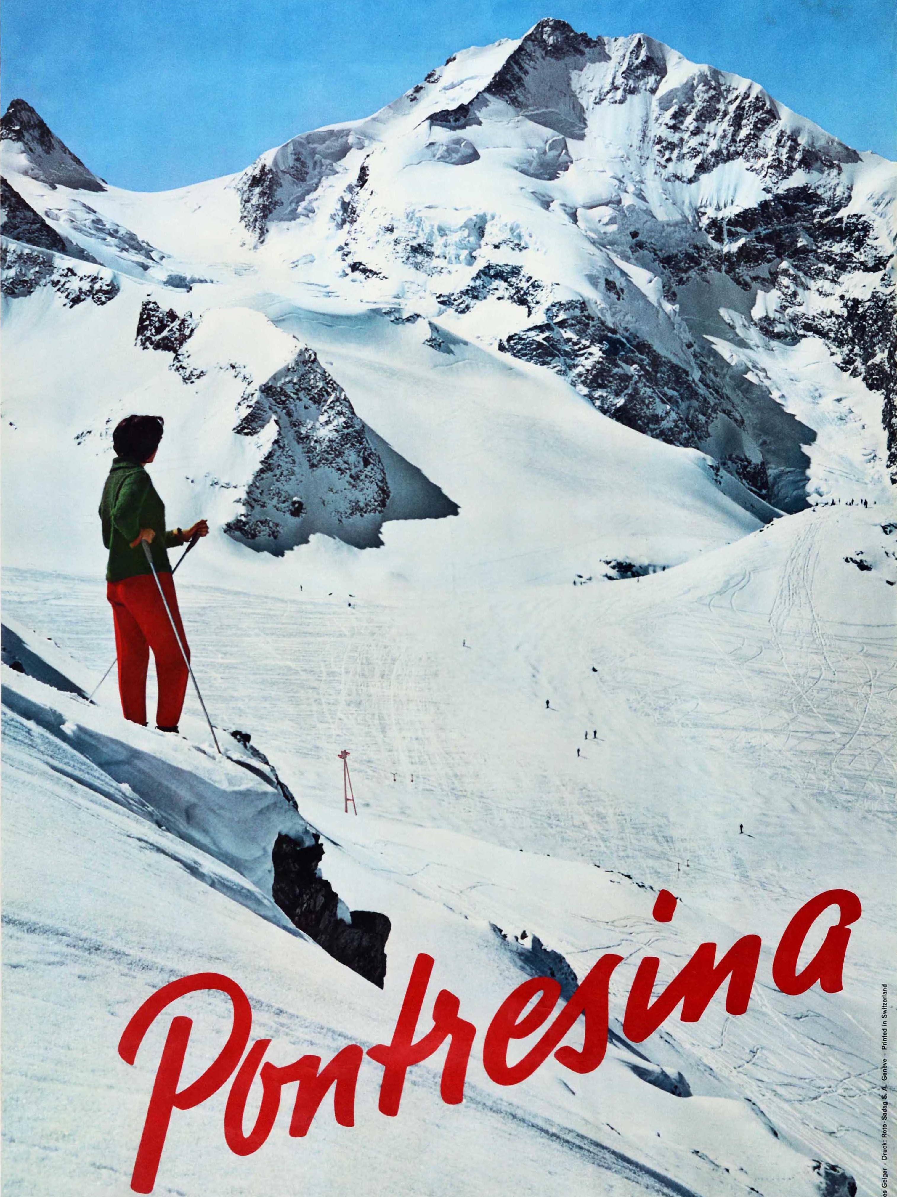 Original Vintage Skiing Poster Pontresina Switzerland Winter Sport Swiss Alps - Blue Print by Jules Geiger