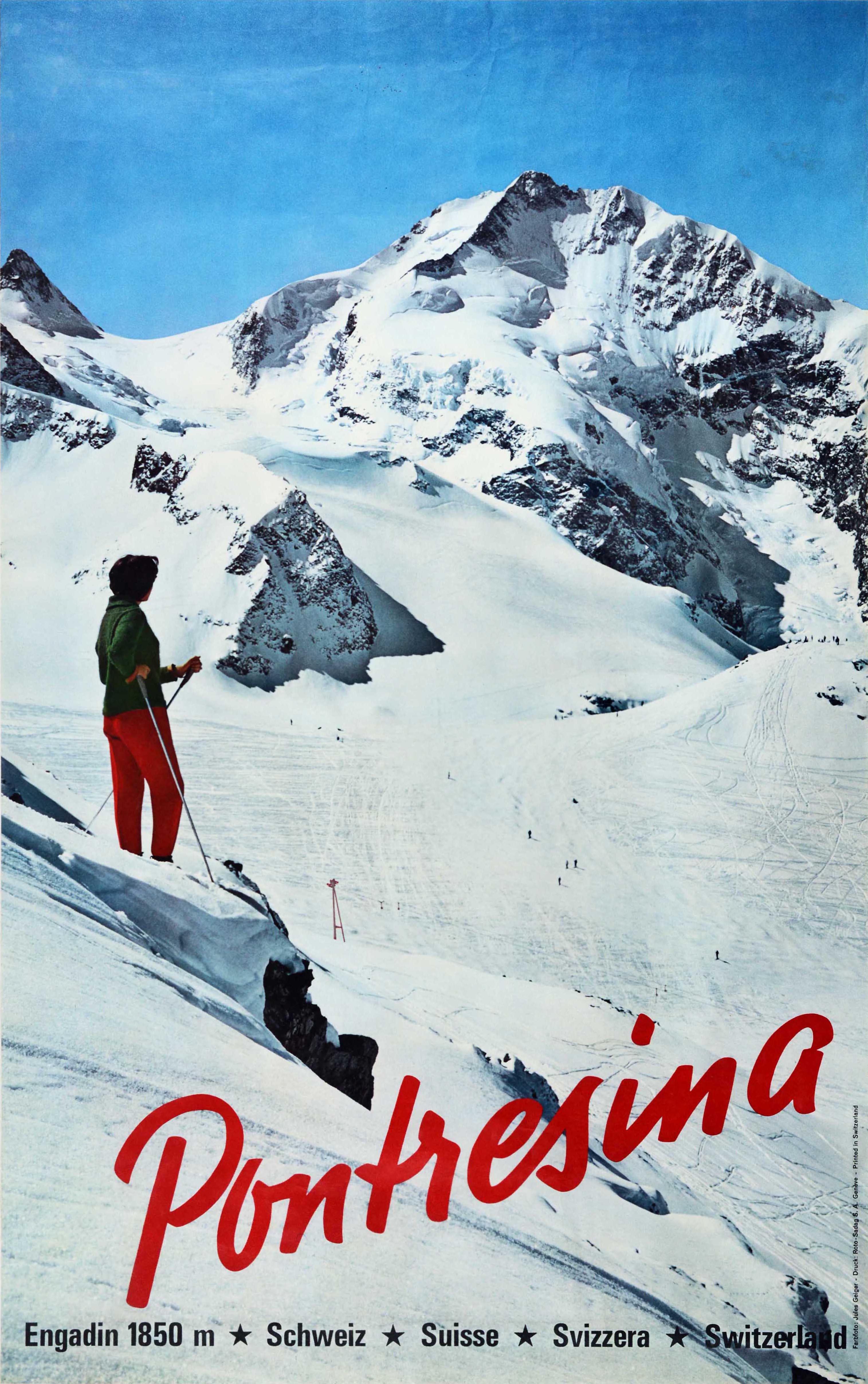 Jules Geiger Print - Original Vintage Skiing Poster Pontresina Switzerland Winter Sport Swiss Alps