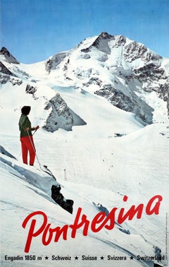 Original Vintage Skiing Poster Pontresina Switzerland Winter Sport Swiss Alps