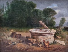 Paysage réaliste français Peinture de campagne Poules Bien 19ème