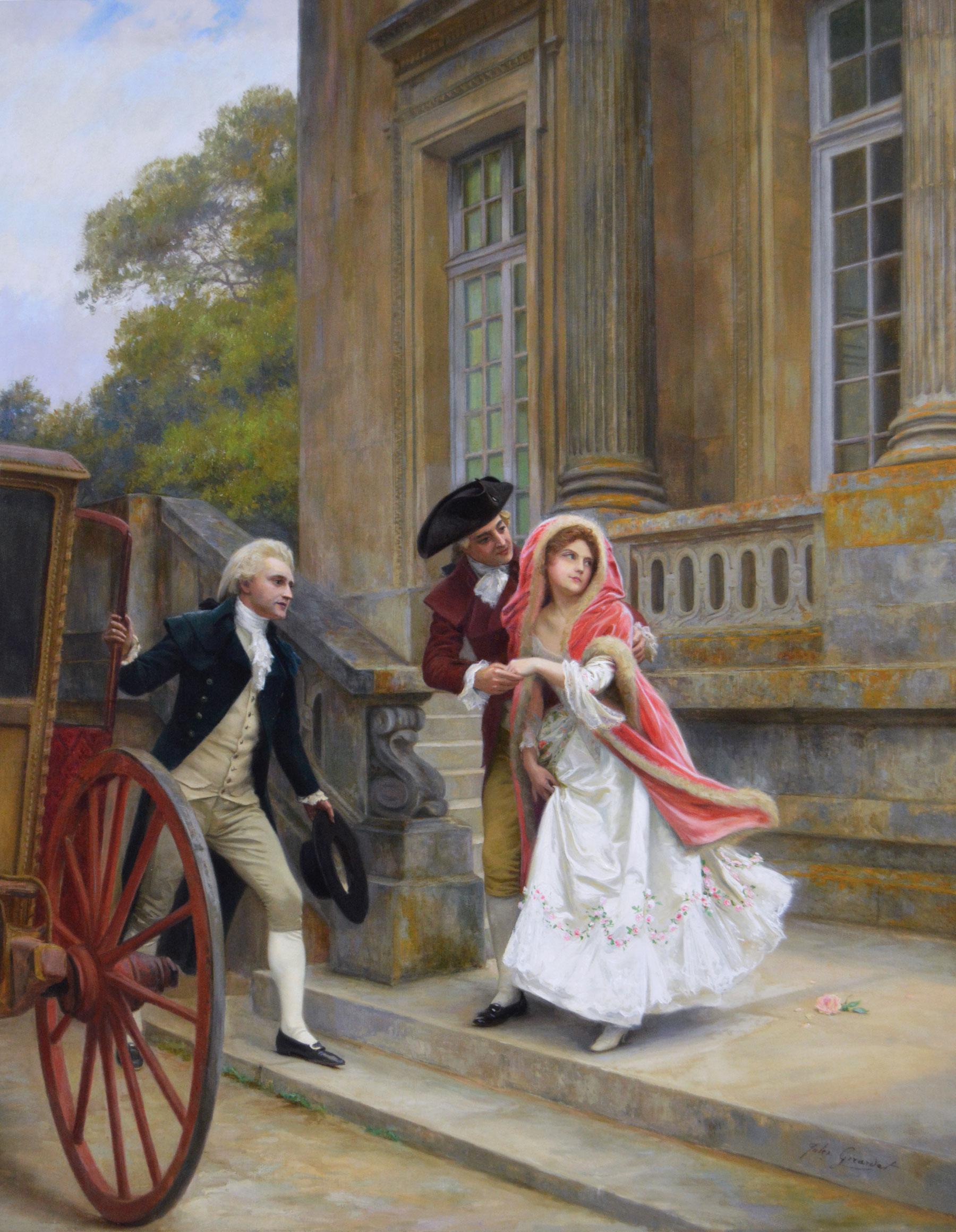 Historical genre oil painting of a couple eloping - Painting by Jules Girardet