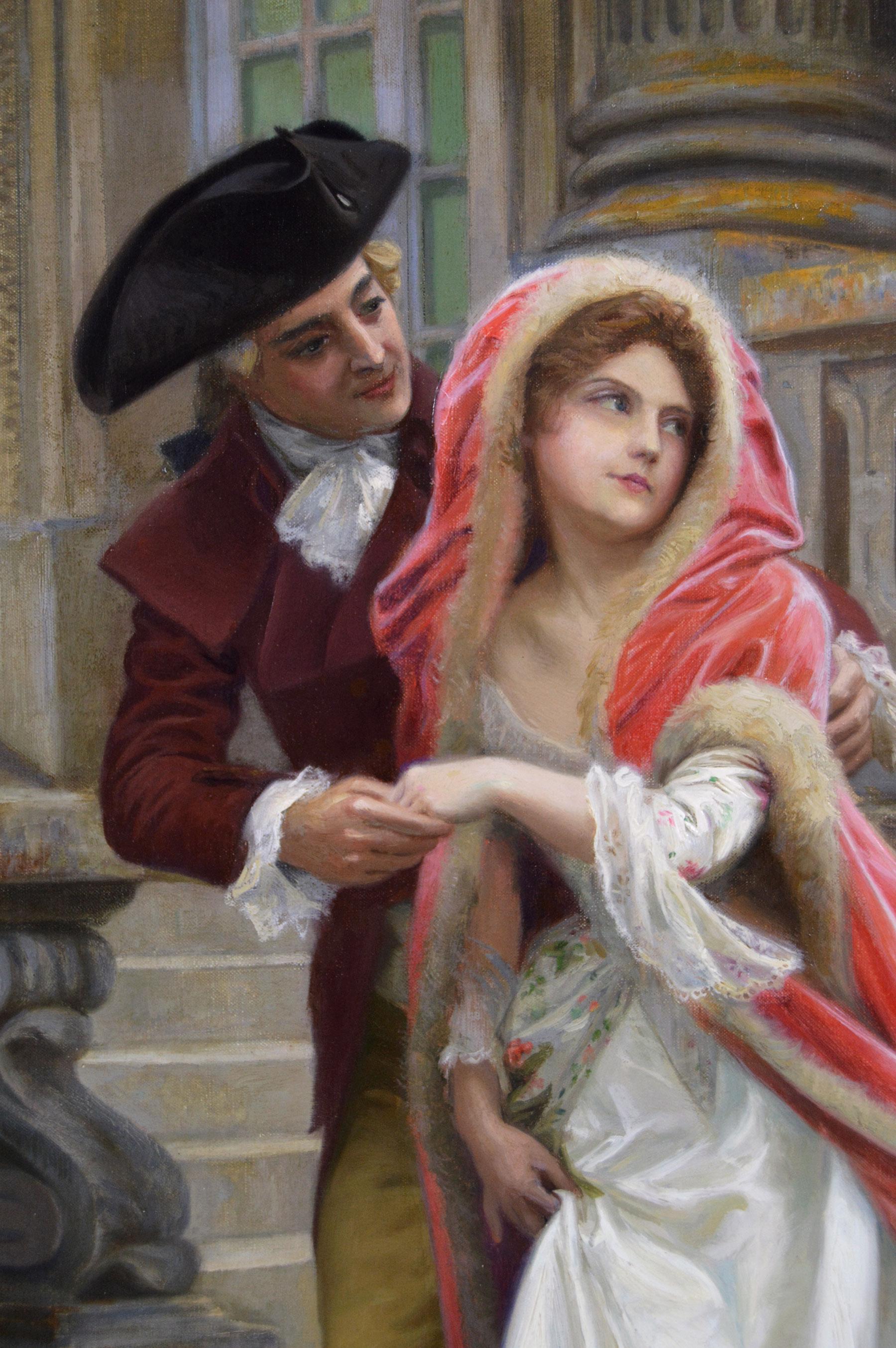 Jules Girardet
Francese, (1856-1938)
Le Coeur a des Raisons
Olio su tela, firmato
Dimensioni dell'immagine: 41 pollici x 33 pollici 
Dimensioni comprensive di cornice: 50,25 pollici x 42,25 pollici
Provenienza: Esposto al Salone di Parigi del 1912;