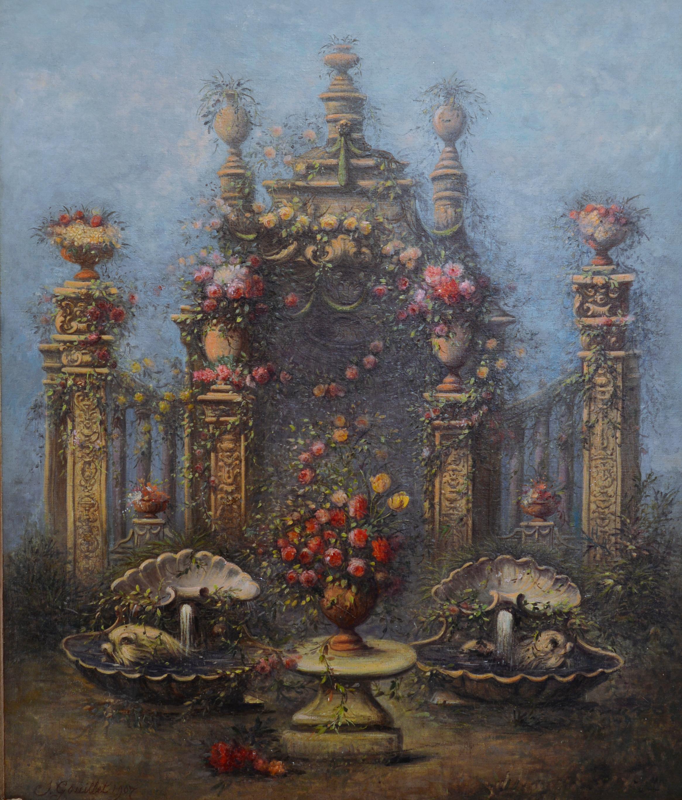 Jules Gouillet, Architectural and Floral Composition, Oil on Canvas, 1907 For Sale 1