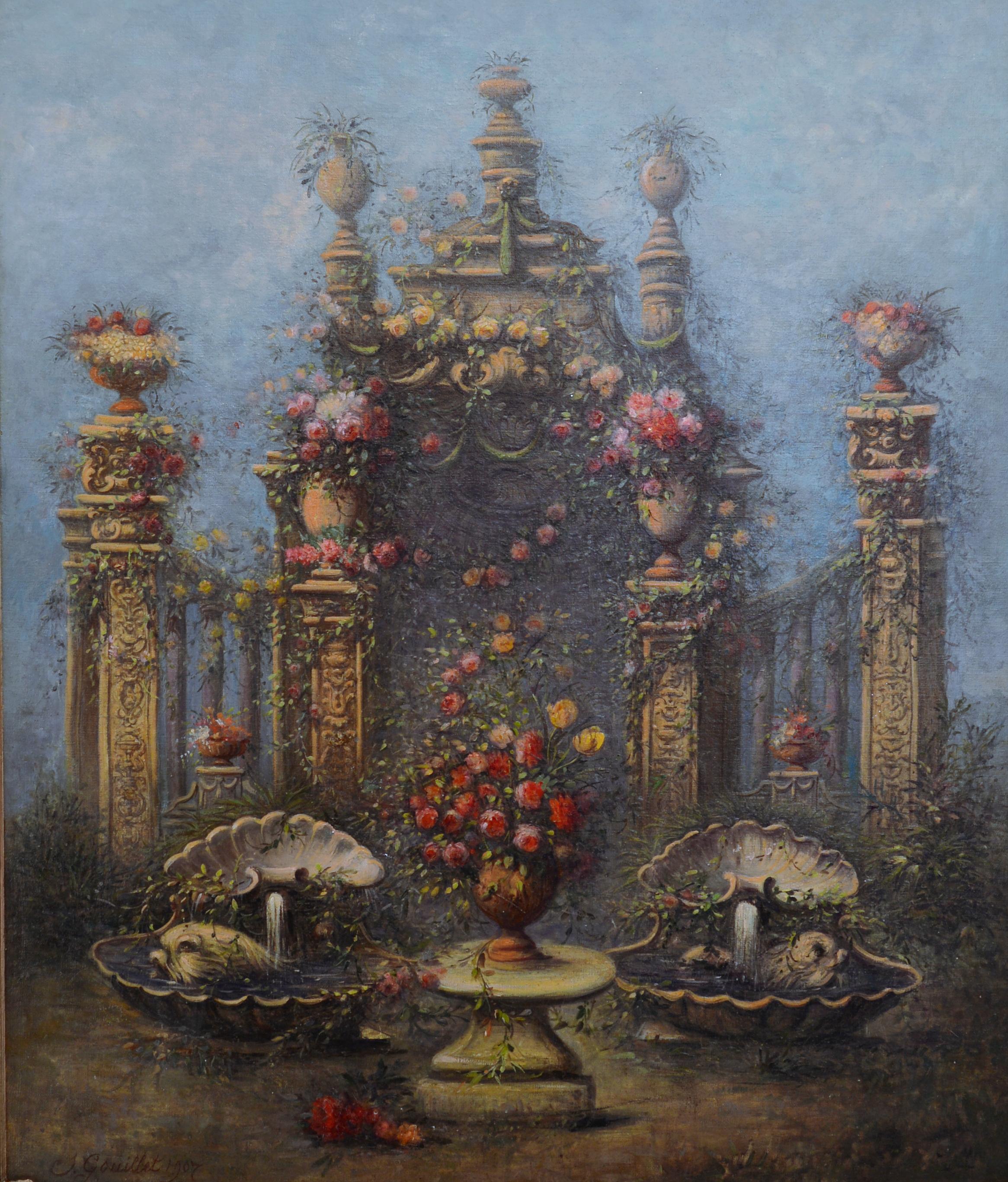 Jules Gouillet, Composición arquitectónica y floral, Óleo sobre lienzo, 1907 en venta 1