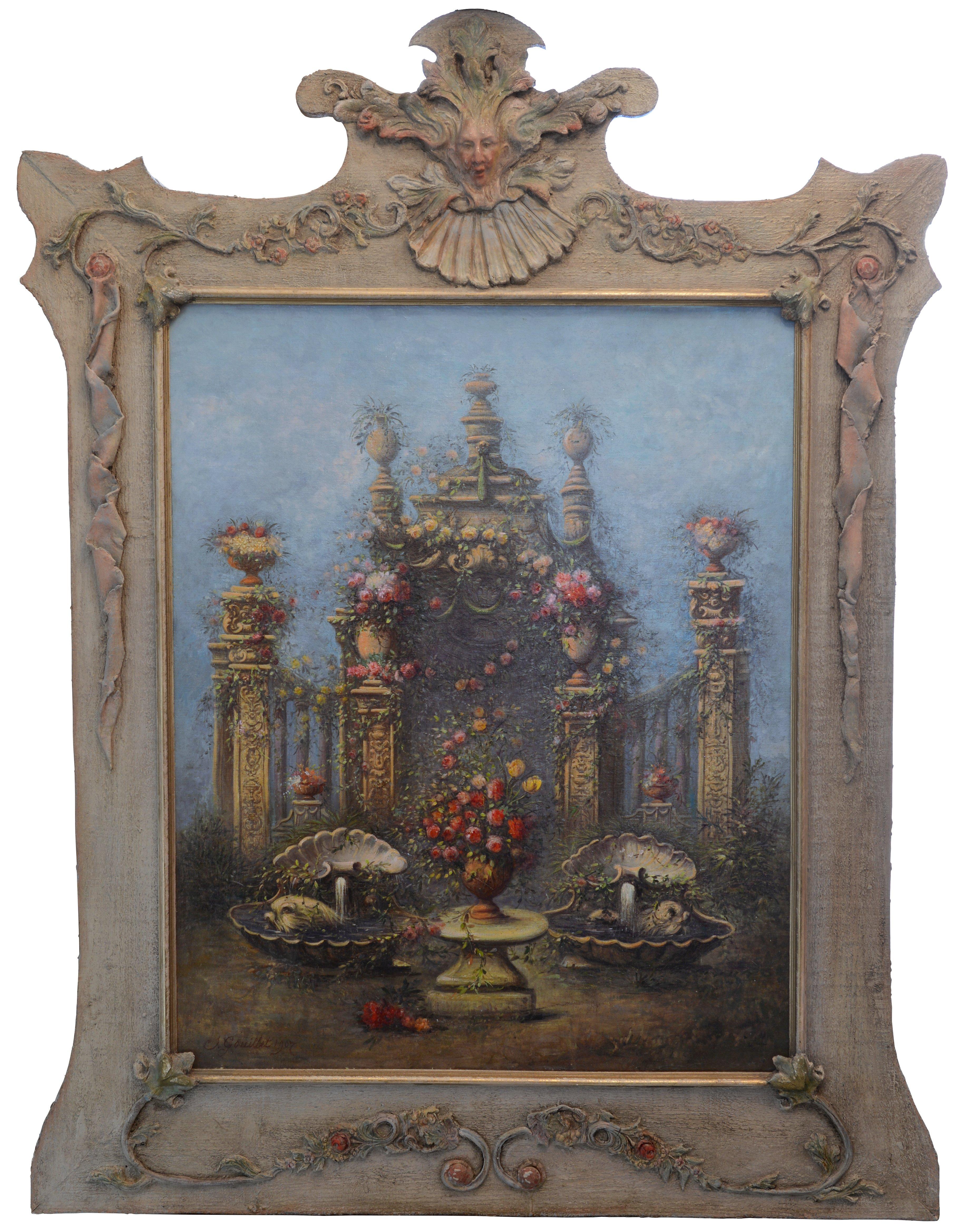 Óleo sobre lienzo de Jules Gouillet (1826-1907), Francia, 1907. Composición arquitectónica y floral. Este excepcional óleo sobre lienzo de Jules Gouillet, renombrado artista francés nacido en Versalles, capta una sofisticada mezcla de elementos