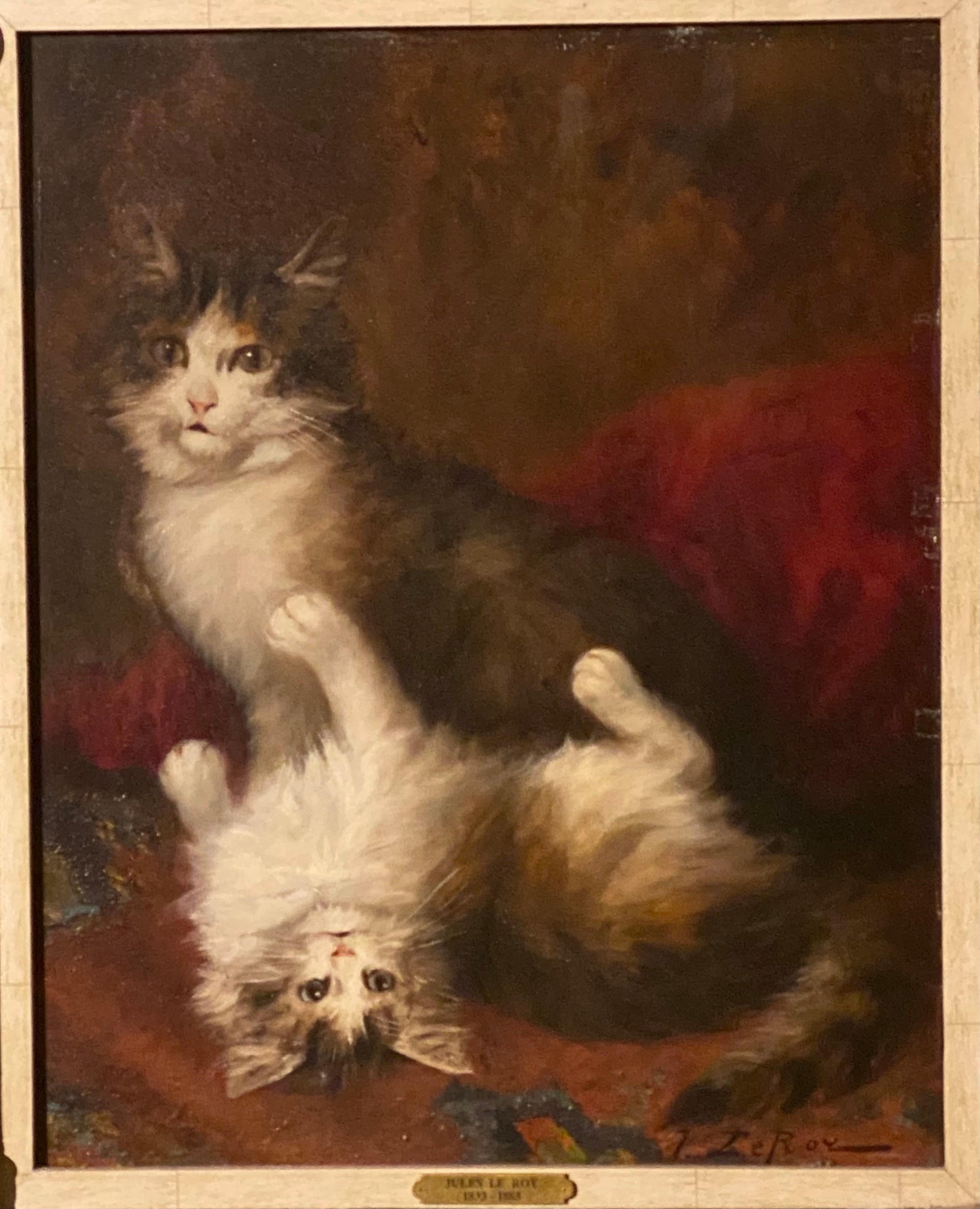 A very nice cat painting by Jules Gustav Le Roy. This is presented in the most fabulous 8 inch wide surround giltwood frame from the 19th century that makes the painting look $1 million. Le Roy Was a painter and not much is known about him, he