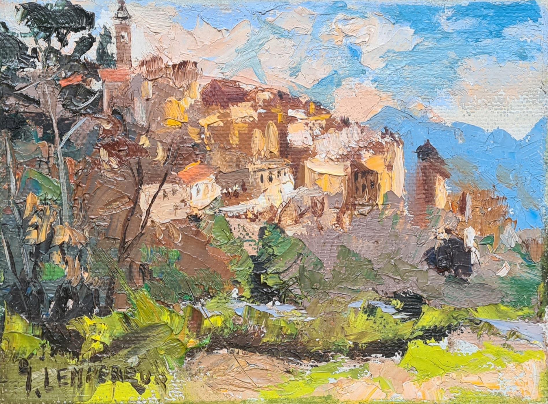 Mid Century French Impressionist Oil on Canvas, The Village Perché - Painting by Jules Gustave Lempereur