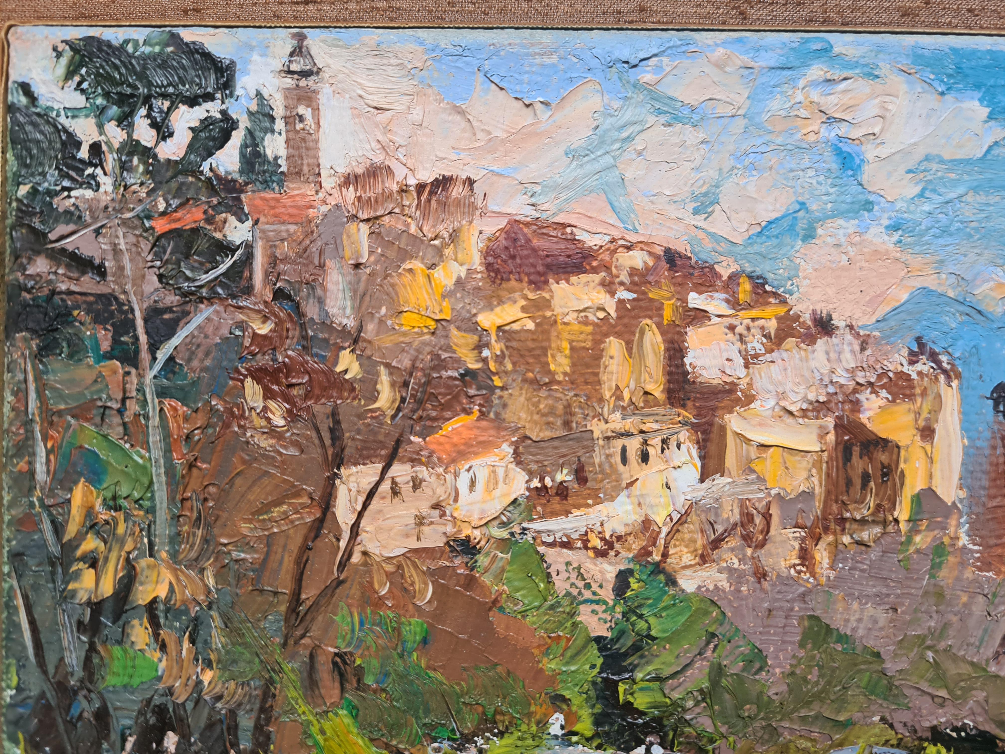 Mid 20th Century oil on canvas landscape of a hillside village by Jules Gustave Lempereur. The painting is signed bottom left and is mounted on a silk covered board for hanging.

A charming view of a typical French hilltop village. Lempereur has