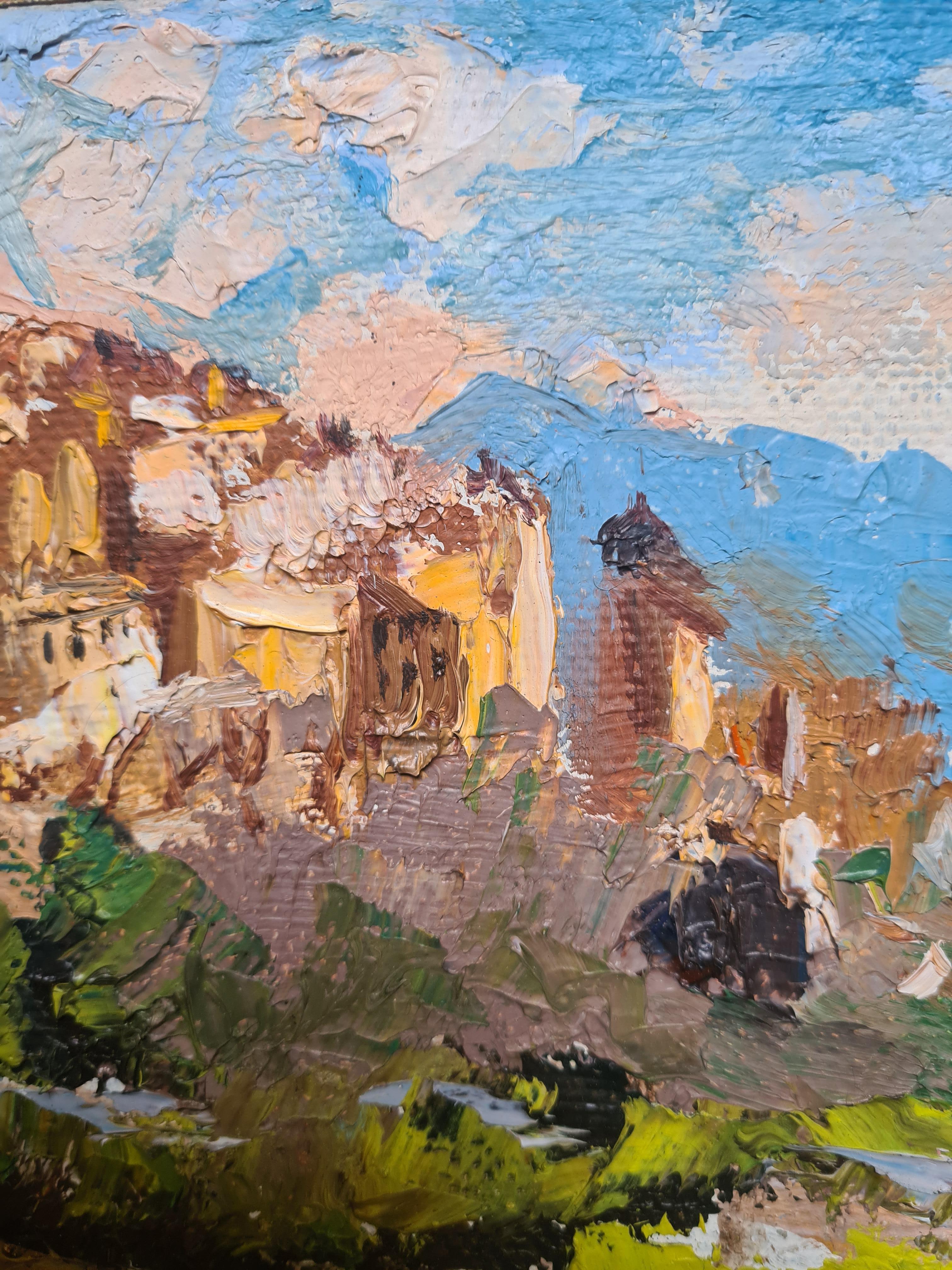 Mid Century French Impressionist Oil on Canvas, The Village Perché For Sale 1