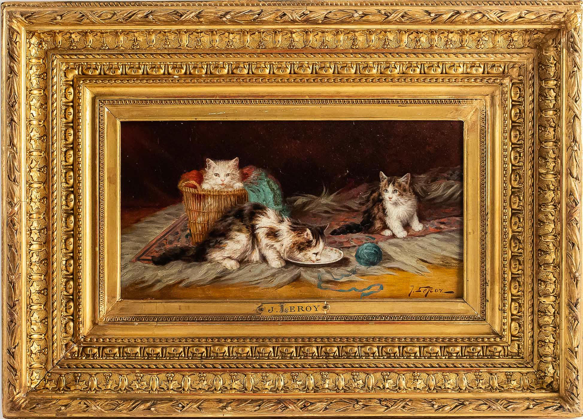 Jules Gustave Leroy oil on panel three cats and a ball of wool, circa 1890-1900.

A lovely and decorative small painting, oil on panel depicting three cats and a ball of wool.

Our painting is signed on the lower right by a famous French painter