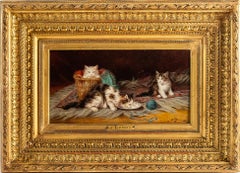 Jules Gustave Leroy Oil on Panel Three Cats and a Ball of Wool circa 1890-1900