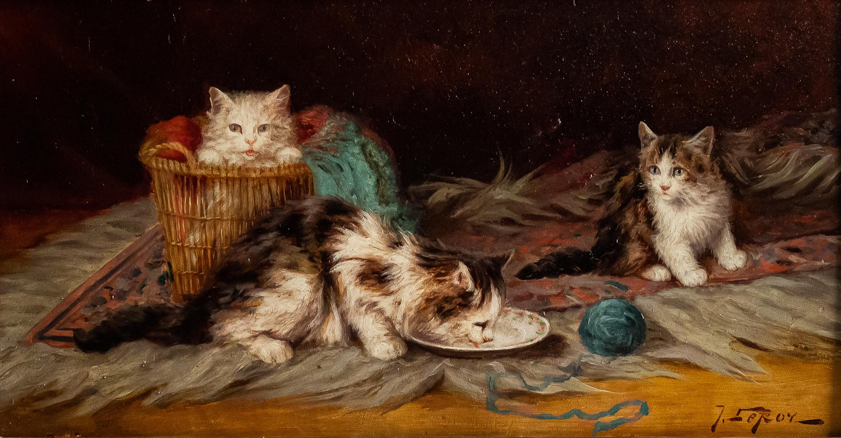 French Jules Gustave Leroy Oil on Panel Three Cats and a Ball of Wool circa 1890-1900 For Sale