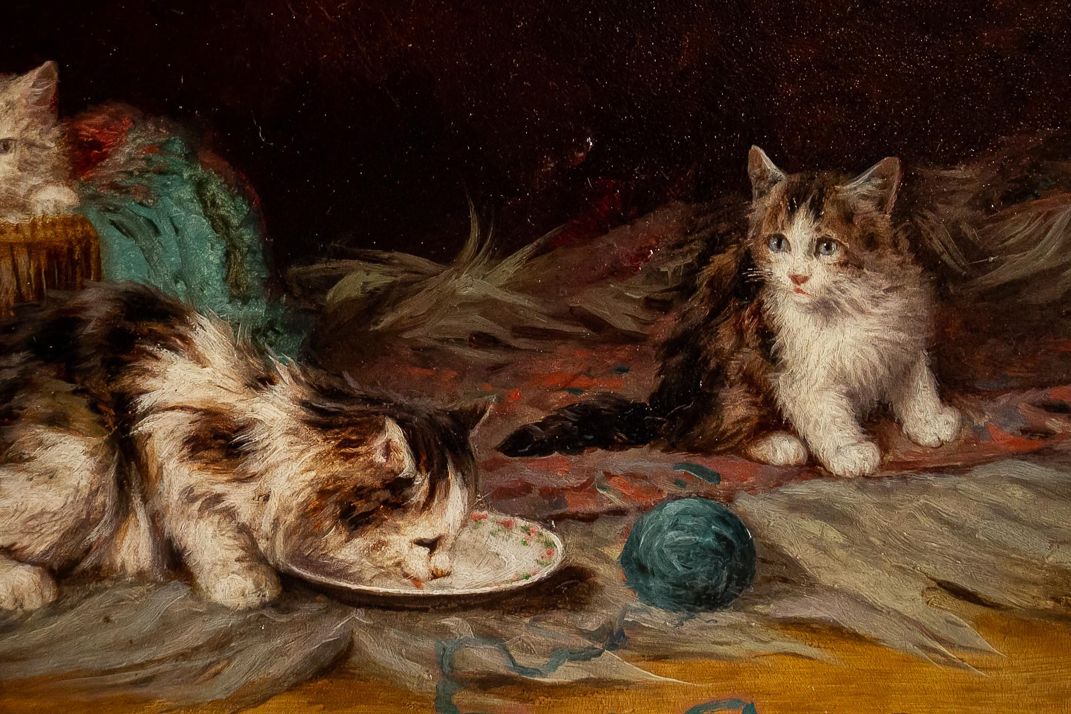 Wood Jules Gustave Leroy Oil on Panel Three Cats and a Ball of Wool circa 1890-1900 For Sale