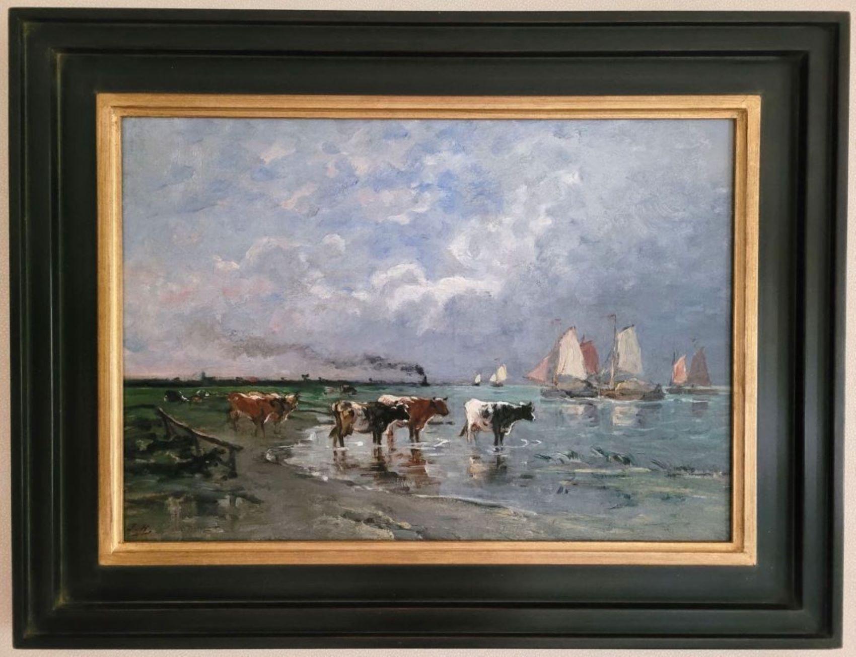 Jules Hereau Landscape Painting - Départ des voiliers dans l'estuaire de la Seine