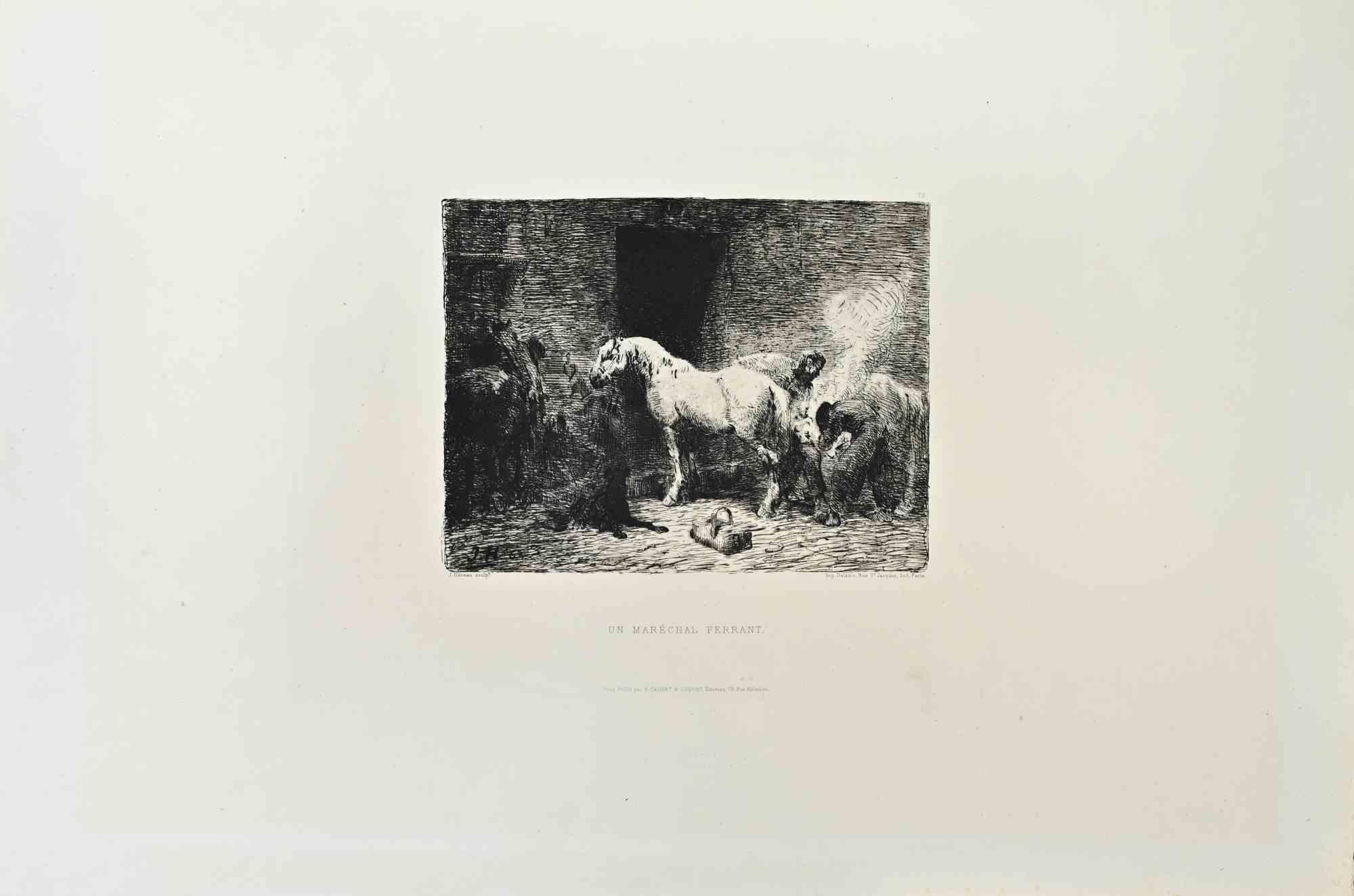 Un Marèchal Ferrant is a black and white etching realized by Jules Hereau (1839-1879) in 1870s.

Titled in the lower.

Image size: 19.5cmx15cm.

Good condition.

Signed and dated in the lower left.

Realized by Cadart for the "Société des