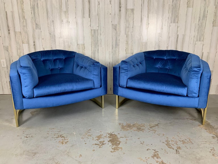 Milo Baughman style brass-plated barrel cantilevered frames with blue tufted velvet by Metropolitan Furniture, 1970s. The frames are newly re-plated and sealed with two part polyurethane also new velvet upholstery.