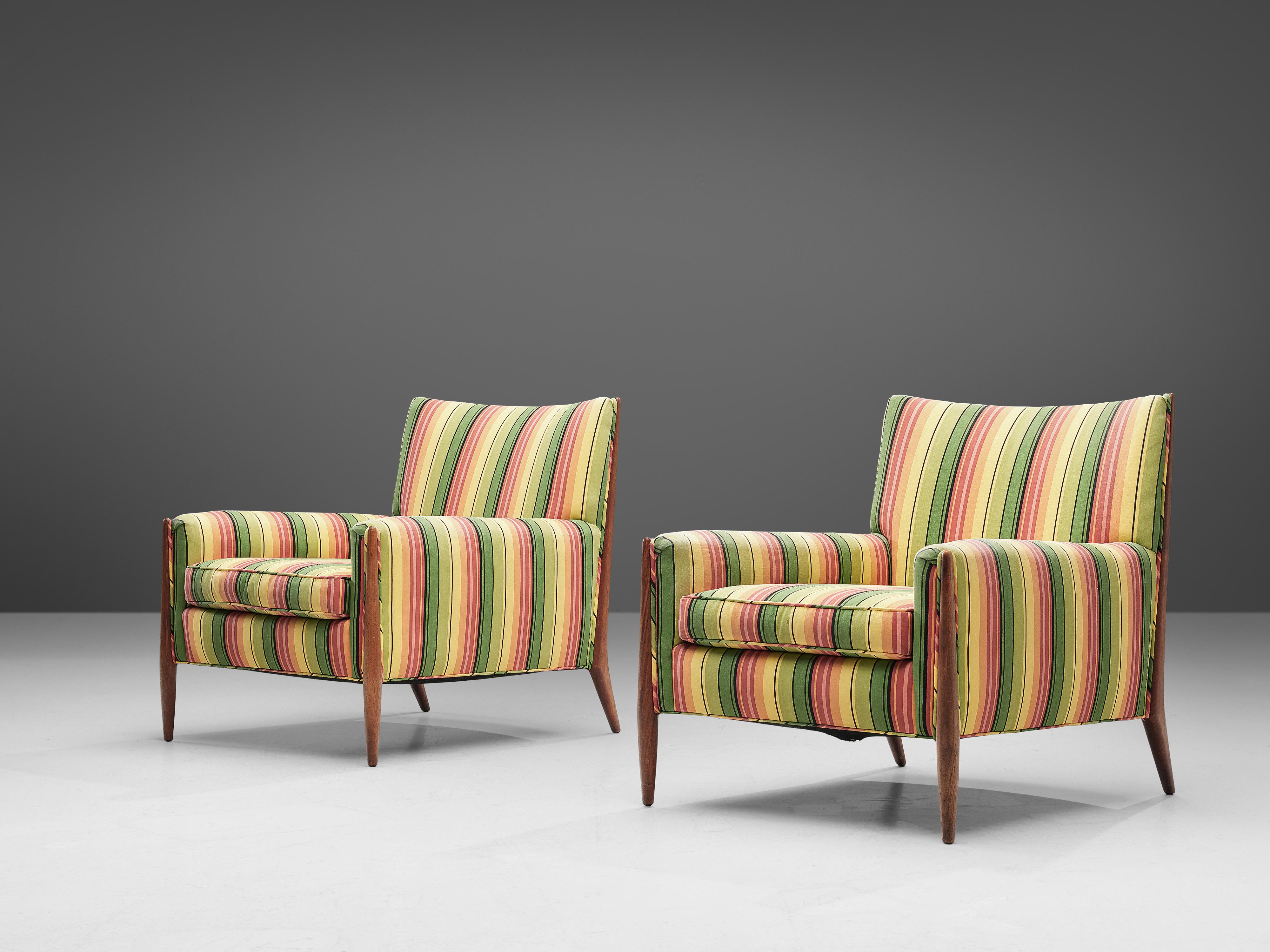 Jules Heumann, lounge chairs, colorful striped fabric, walnut, United States, 1960s

Classic midcentury lounge chairs by the American designer Jules Heumann for Metropolitan Furniture. Notable are the legs with rise high up and add a nice detail