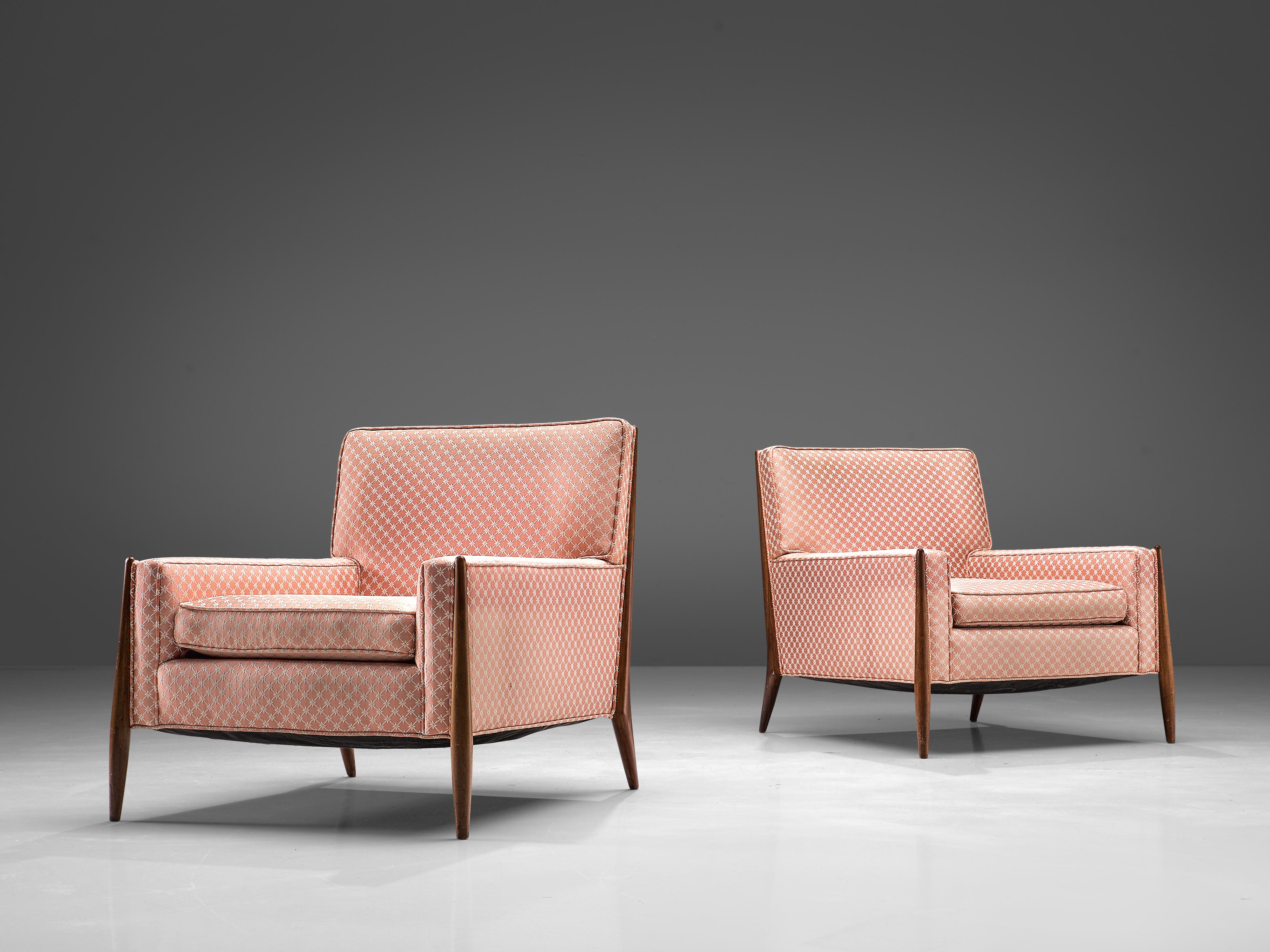 Jules Heumann, set of 2 lounge chairs, fabric and walnut, United States, 1960s.

Pair of Classic midcentury lounge chairs by the American designer Jules Heumann for Metropolitan Furniture. The chairs have Classic midcentury lines and construction.
