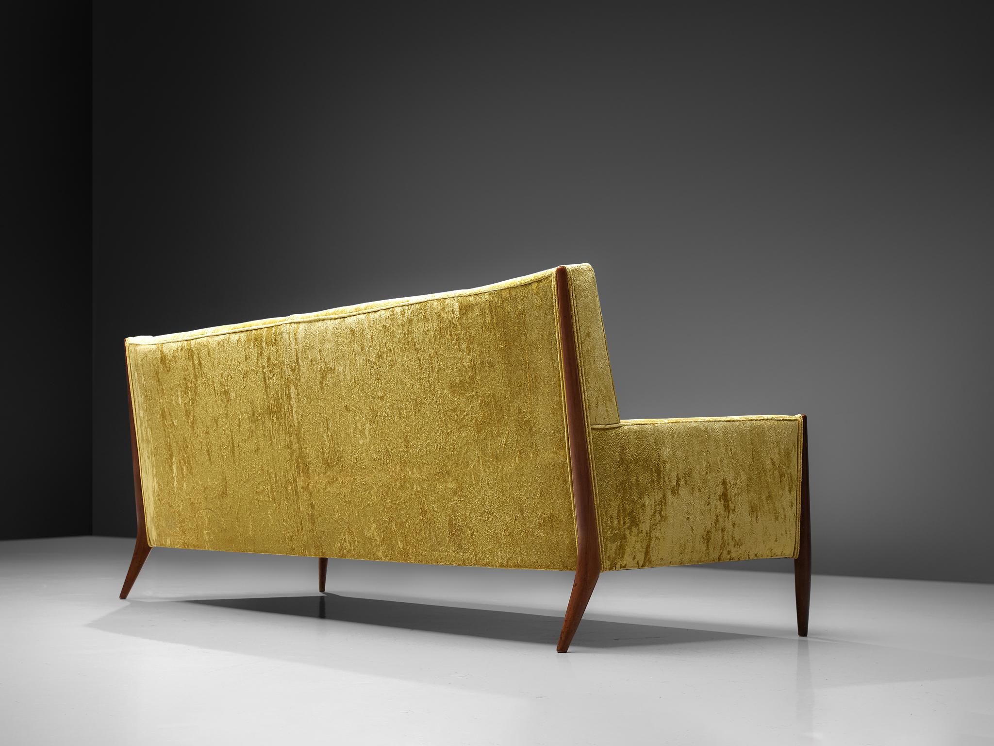 Mid-Century Modern Jules Heumann Sofa in Gold Colored Velvet and Walnut  For Sale