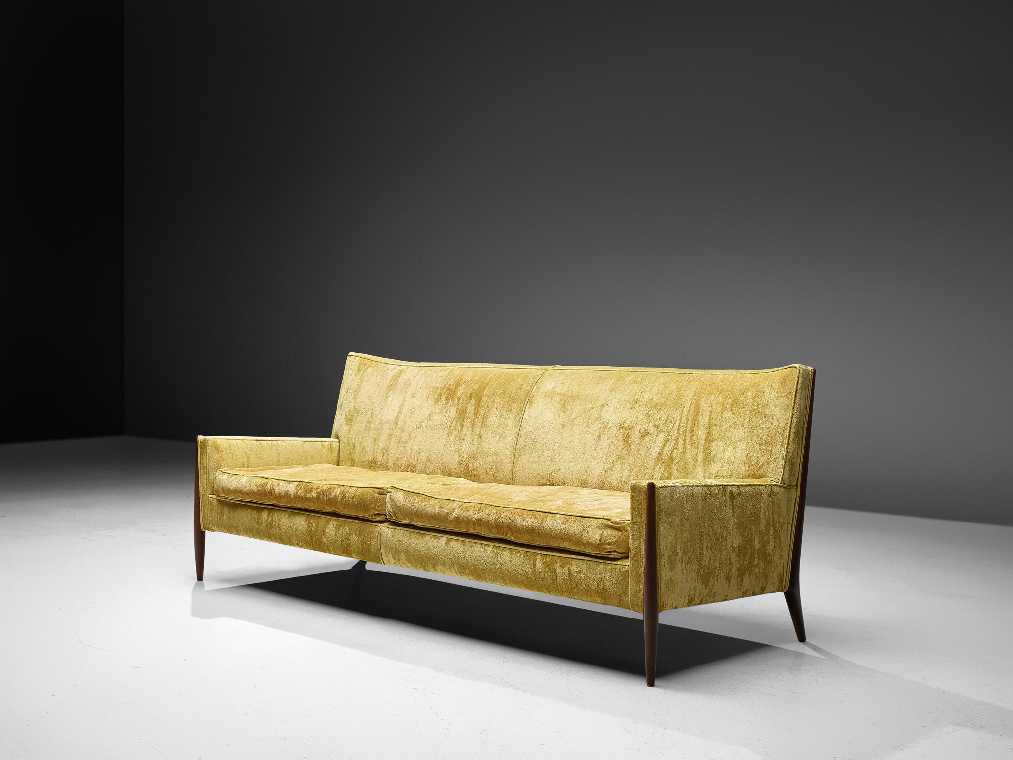 Mid-20th Century Jules Heumann Sofa in Gold Colored Velvet and Walnut  For Sale