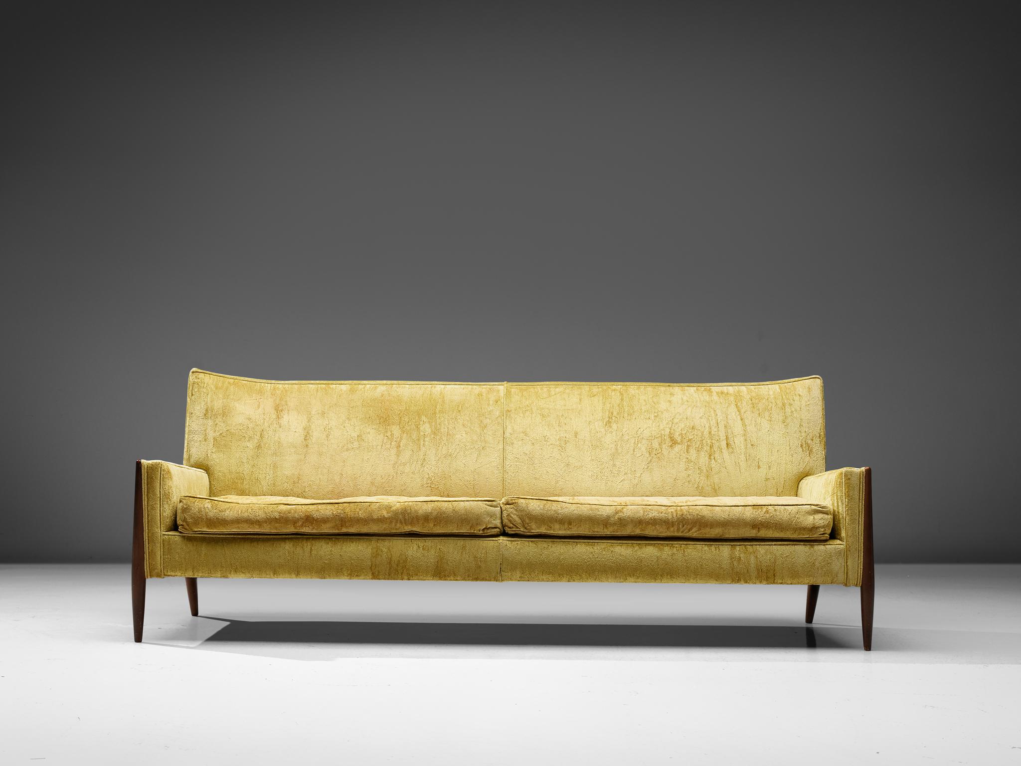 Fabric Jules Heumann Sofa in Gold Colored Velvet and Walnut  For Sale