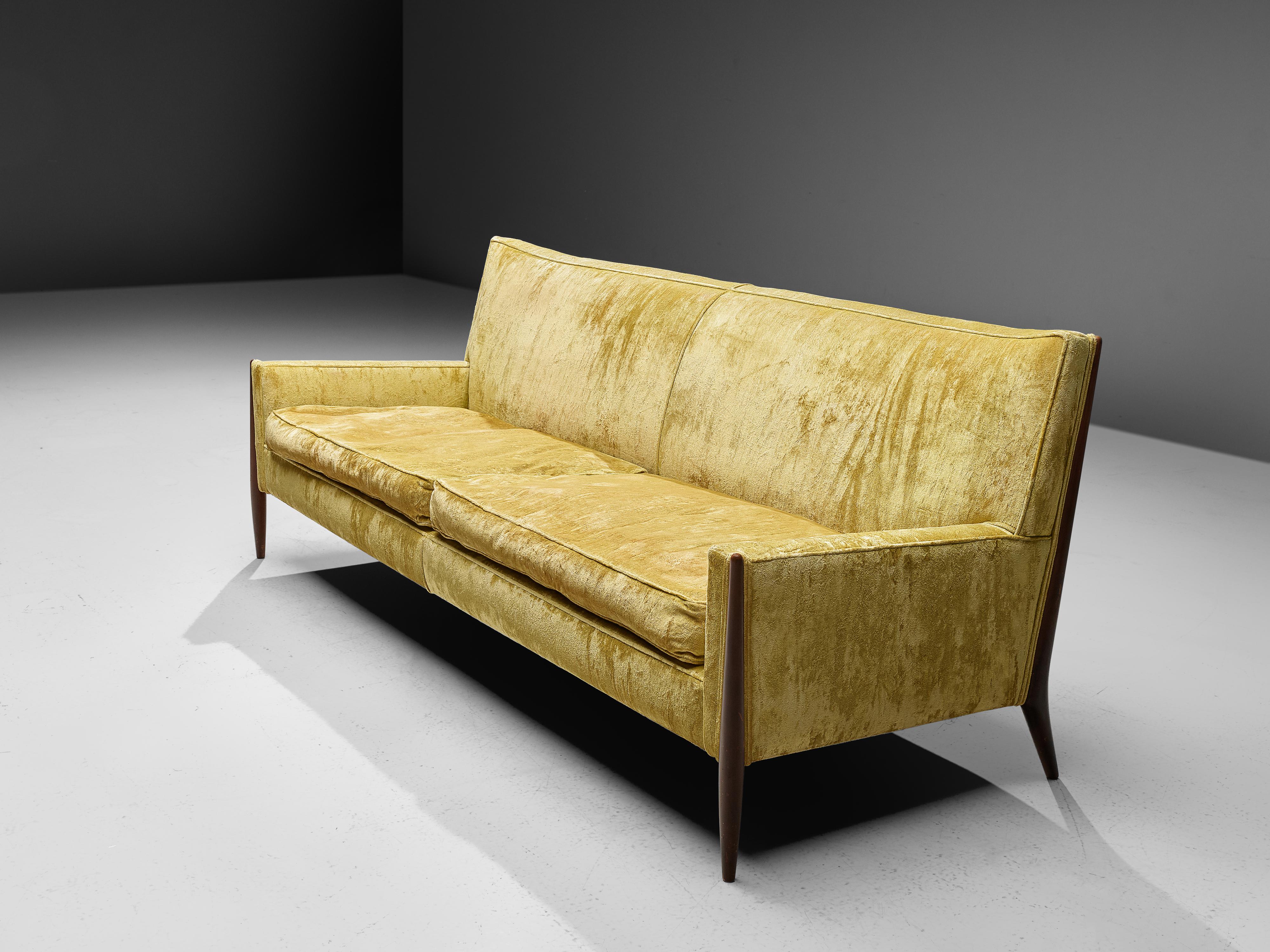Mid-Century Modern Jules Heumann Sofa in Gold Colored Velvet and Walnut 