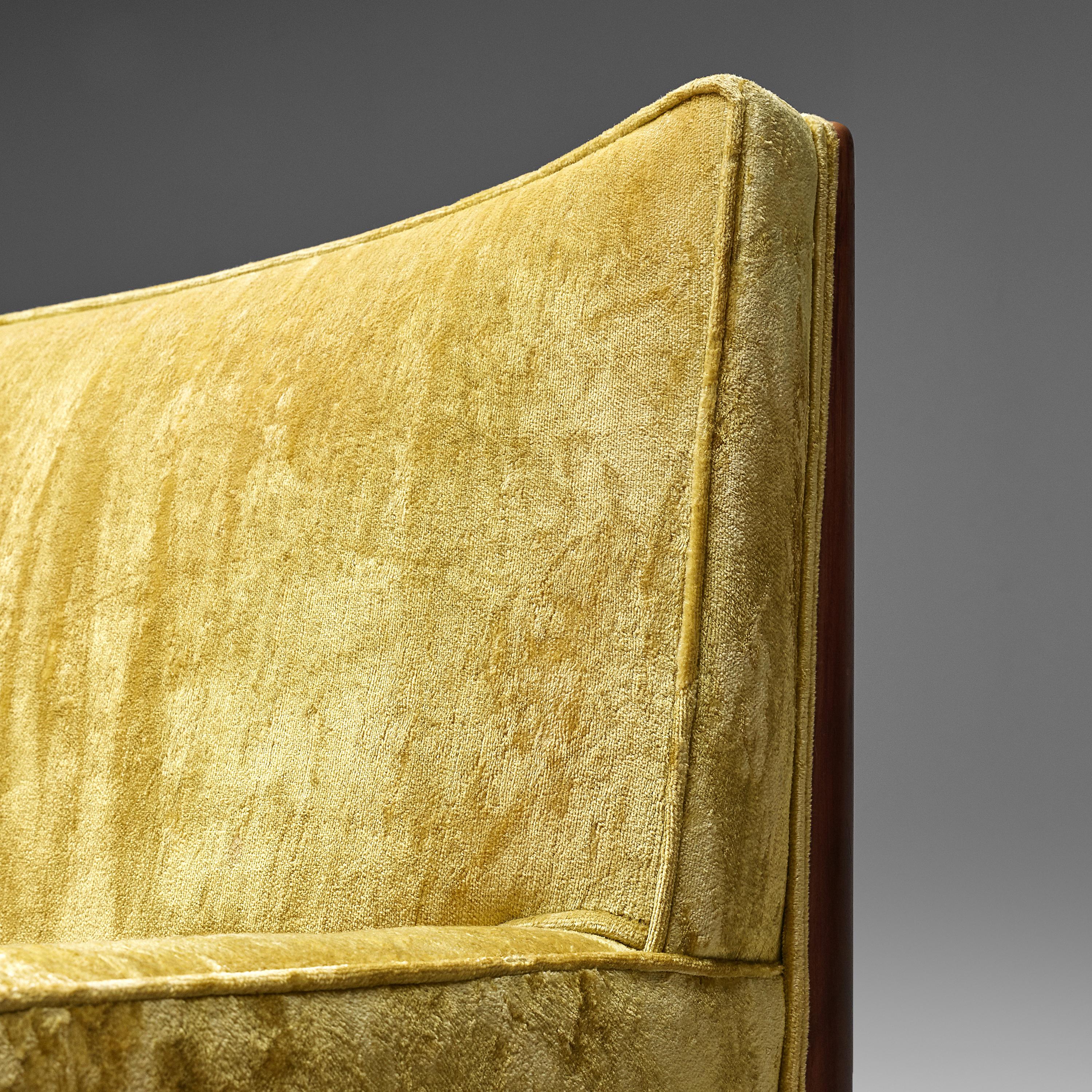 American Jules Heumann Sofa in Gold Colored Velvet and Walnut 