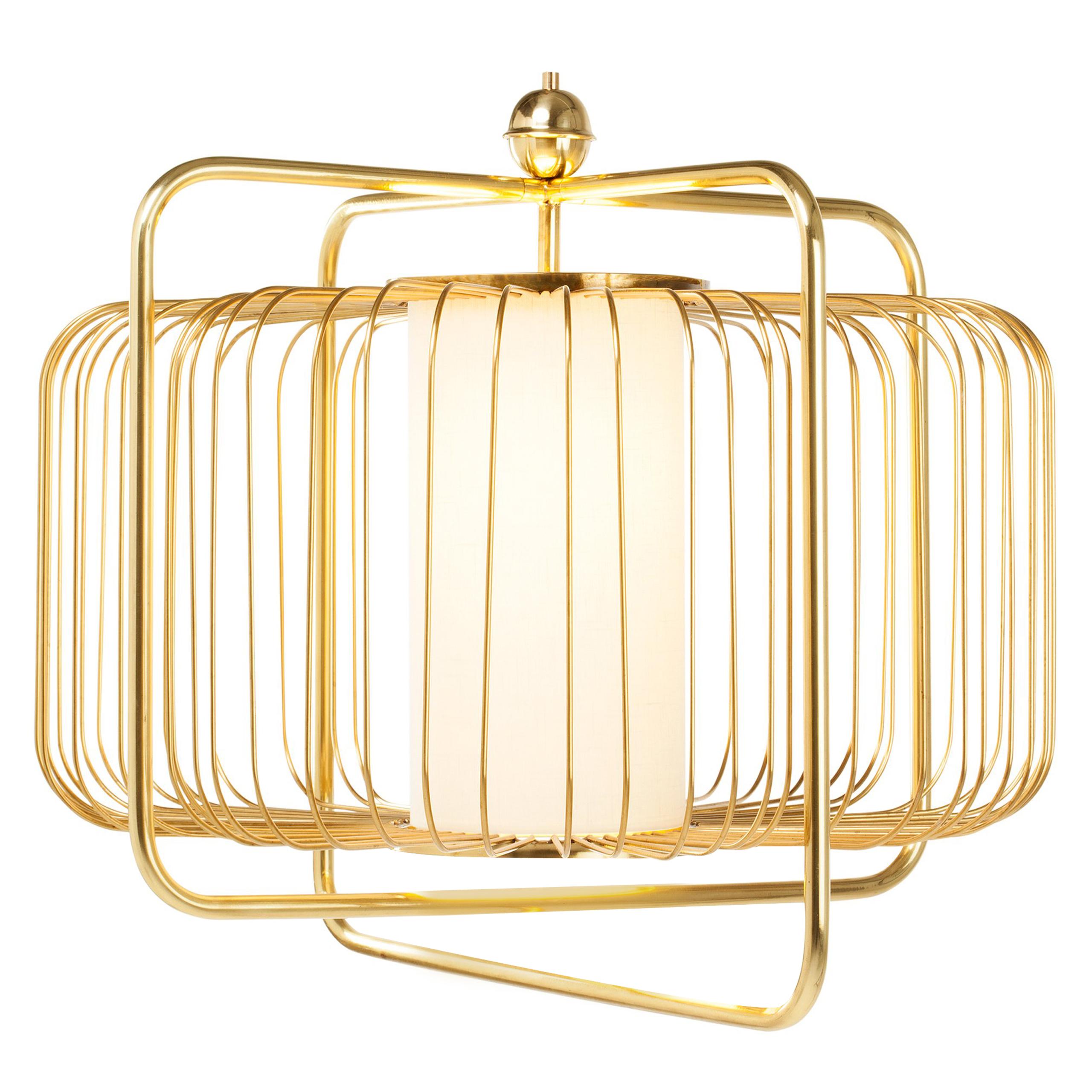 Contemporary Art Deco inspired Jules I Pendant Lamp in Brass and Linen For Sale